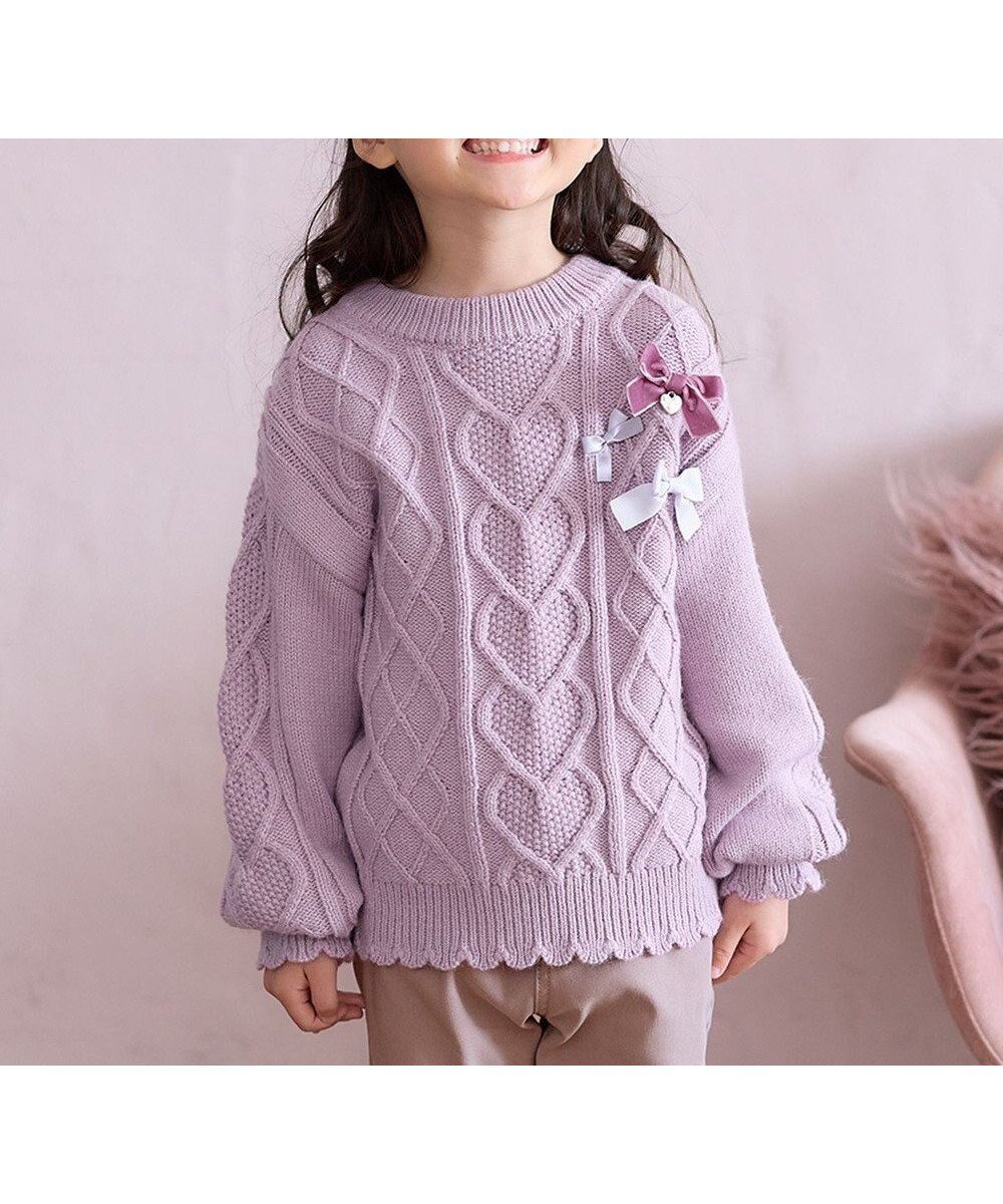 【エニィ/ANY / KIDS】のリボン ケーブル ニット インテリア・キッズ・メンズ・レディースファッション・服の通販 founy(ファニー) 　ファッション　Fashion　キッズファッション　Fashion for Kids　トップス・カットソー　Cut & Sew Tops　セーター　Sweater, Knitwear　ポケット　Pocket, Pocket Detail　リボン　Ribbon, Bow　冬　Winter / This Winter　定番　Standard, Basic Item　A/W・秋冬　Autumn/Winter　ラベンダー|ID: prp329100004684760 ipo3291000000033831677