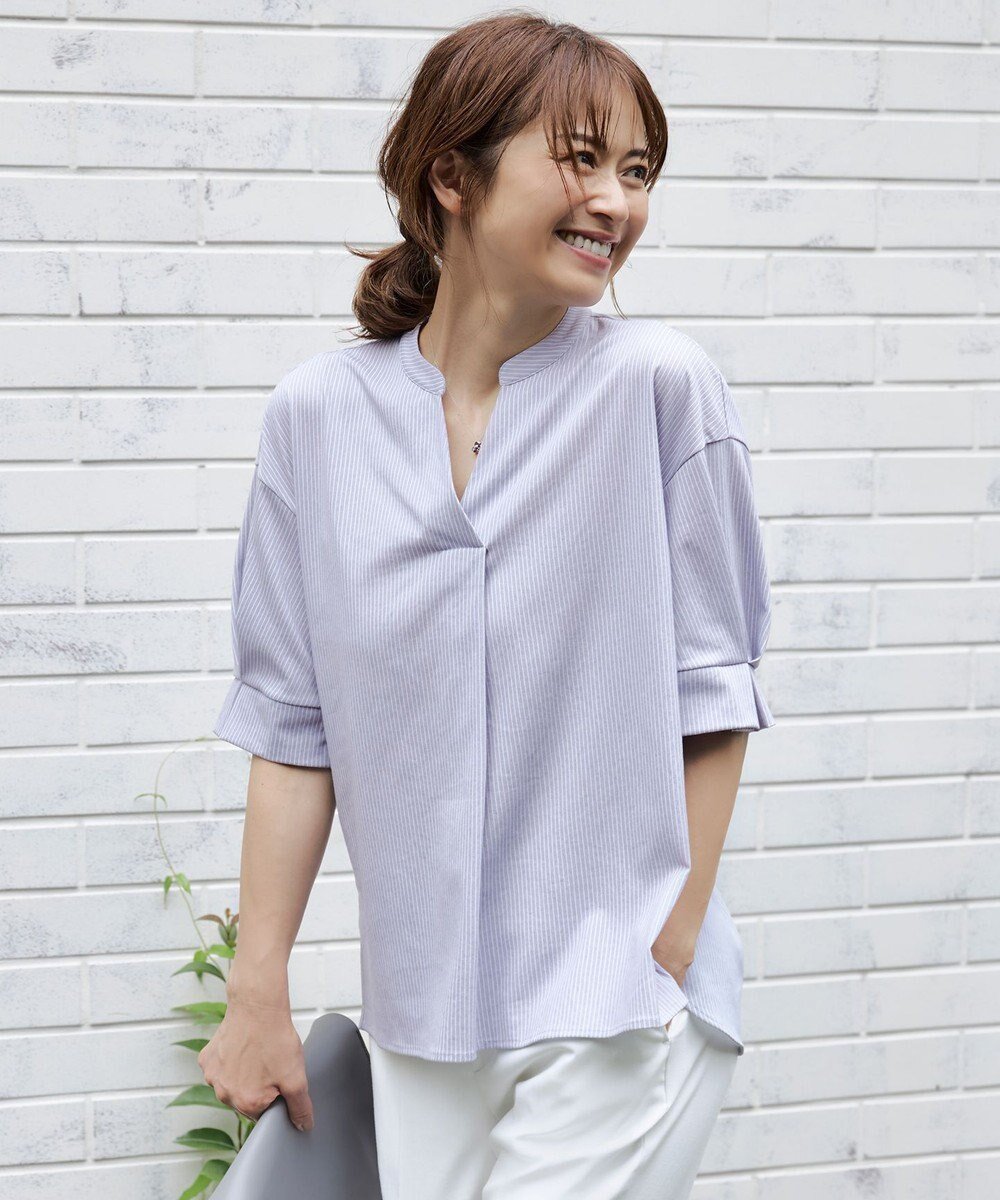 【自由区/JIYU-KU】の【WEB限定・洗える】トリコットジャージー カットソー インテリア・キッズ・メンズ・レディースファッション・服の通販 founy(ファニー) ファッション Fashion レディースファッション Fashion for Women トップス・カットソー Cut & Sew Tops シャツ・ブラウス・オフィスカジュアル Elegant Blouses & Button-Ups カットソー・ベーシックTシャツ Cut-and-Sewn Tops / Stretch Tees & Basics インナー Innerwear カットソー Cut and Sewn Top カーディガン Cardigan, Knitwear ジャケット Jacket, Outerwear ストライプ Stripe, Striped Pattern スリーブ Sleeve, Long Sleeve / Short Sleeve ビジネス 仕事 通勤 Business / Work / Commuting 夏 Summer 旅行 Travel 春 Spring S/S・春夏 SS, Spring/Summer, Warm Season 洗える Machine Washable サックスストライプ|ID: prp329100004684887 ipo3291000000034556335