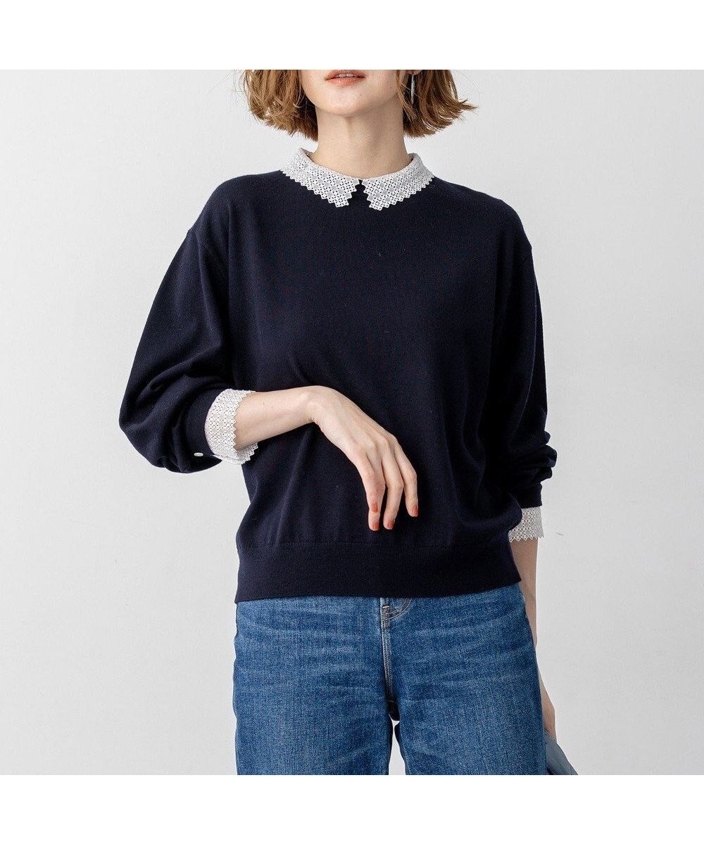 【23区/NIJYUSANKU】の【VERY12月号掲載/洗える】エンブロイダリー ジオメトリックレースコンビ ニット インテリア・キッズ・メンズ・レディースファッション・服の通販 founy(ファニー) 　雑誌掲載アイテム　Magazine Picks & Fashion Features　ファッション雑誌　Fashion Magazines　ヴェリィ　VERY　ファッション　Fashion　レディースファッション　Fashion for Women　トップス・カットソー　Cut & Sew Tops　ニット　Knit Tops & Sweaters　エンブロイダリー　Embroidery Design　洗える　Machine Washable　12月号　December Issue　シルク　Silk, 100% Silk　セーター　Sweater, Knitwear　雑誌　Magazine, Fashion Magazine　なめらか　Smooth, Silky Texture　レース　Lace, Lace Fabric　A/W・秋冬　Autumn/Winter　冬　Winter / This Winter　エレガント 上品　Elegant　2025年　2025　2025-2026秋冬・A/W　Autumn/Winter 2025–26 AW25–26　ネイビー系|ID: prp329100004686592 ipo3291000000033842527