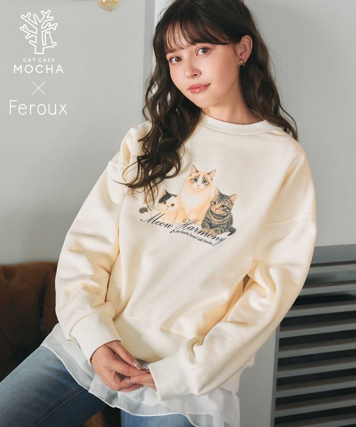 【フェルゥ/Feroux】の【猫カフェMOCHAコラボ】猫ちゃんプリント トレーナー インテリア・キッズ・メンズ・レディースファッション・服の通販 founy(ファニー) https://founy.com/ ファッション Fashion レディースファッション Fashion for Women トップス・カットソー Cut & Sew Tops レディースパーカー・カジュアルフーディー Casual Hoodies & Sweatshirts スウェット・クルーネックトップス Sweatshirts & Crewnecks / Relaxed Fit Sweat Tops インナー Innerwear カットソー Cut and Sewn Top コラボ Collaboration, Collab 切替 Switching, Contrast Panel スウェット / スエット Sweatshirt, Sweatwear トレーナー Sweatshirt, Trainer 人気 Popular, Best Seller 猫 Cat, Kitty プリント Print, Printed Pattern ペプラム Peplum, Flared Hem ポケット Pocket, Pocket Detail モチーフ Motif, Design Theme ロング Long, Long-Length A/W・秋冬 Autumn/Winter |ID: prp329100004686640 ipo3291000000034156997