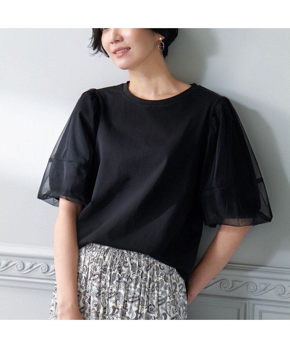 【エニー/ANY】の【洗濯機可】チュールコンビパフスリーブプルオーバー インテリア・キッズ・メンズ・レディースファッション・服の通販 founy(ファニー) 　ファッション　Fashion　レディースファッション　Fashion for Women　トップス・カットソー　Cut & Sew Tops　シャツ・ブラウス・オフィスカジュアル　Elegant Blouses & Button-Ups　ロングTシャツ・Tシャツ　Longline T-Shirts & Tees　カジュアルプルオーバー・ニットトップス　Pullovers & Knit Tops / Casual Pullovers　カットソー・ベーシックTシャツ　Cut-and-Sewn Tops / Stretch Tees & Basics　カットソー　Cut and Sewn Top　シンプル　Simple, Minimal　ストレッチ　Stretch, Stretchy Fabric　スリット　Slit, Slit Detail　スリーブ　Sleeve, Long Sleeve / Short Sleeve　チュール　Tulip, Tulip Motif　デニム　Denim, Jeans Material　トレンド　Trend, Trending Now　夏　Summer　春　Spring　S/S・春夏　SS, Spring/Summer, Warm Season　ブラック|ID: prp329100004686784 ipo3291000000033843414