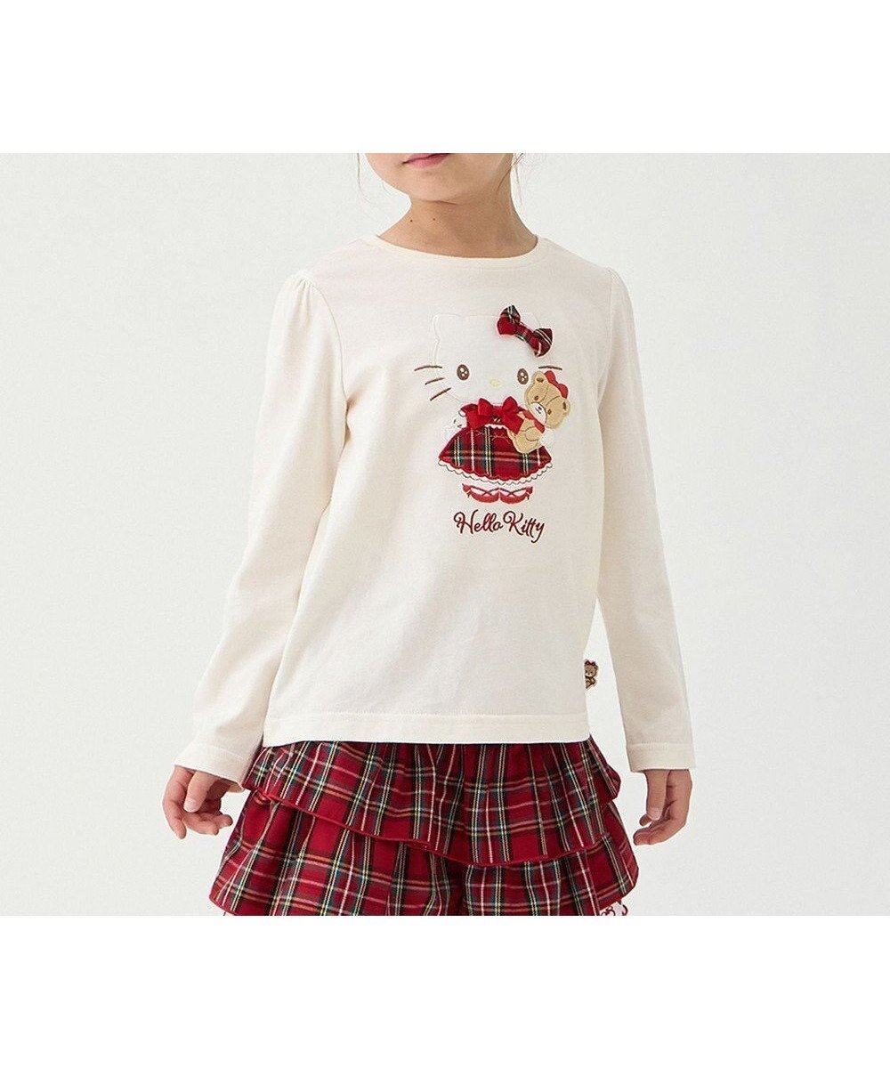 【エニィ/ANY / KIDS】の【ハローキティ×ANY KIDS】アップリケ 長袖Tシャツ インテリア・キッズ・メンズ・レディースファッション・服の通販 founy(ファニー) 　ファッション　Fashion　キッズファッション　Fashion for Kids　トップス・カットソー　Cut & Sew Tops　秋　Autumn　カットソー　Cut and Sewn Top　キュロット　Culottes, Wide Shorts　チェック　Check, Plaid, Tartan　ドッキング　Docking, Mixed Material　長袖　Long Sleeve, Full Sleeve　パーカー　Hoodie, Parka　ポシェット　Pochette, Mini Bag　リボン　Ribbon, Bow　A/W・秋冬　Autumn/Winter　オフホワイト|ID: prp329100004687979 ipo3291000000033853236