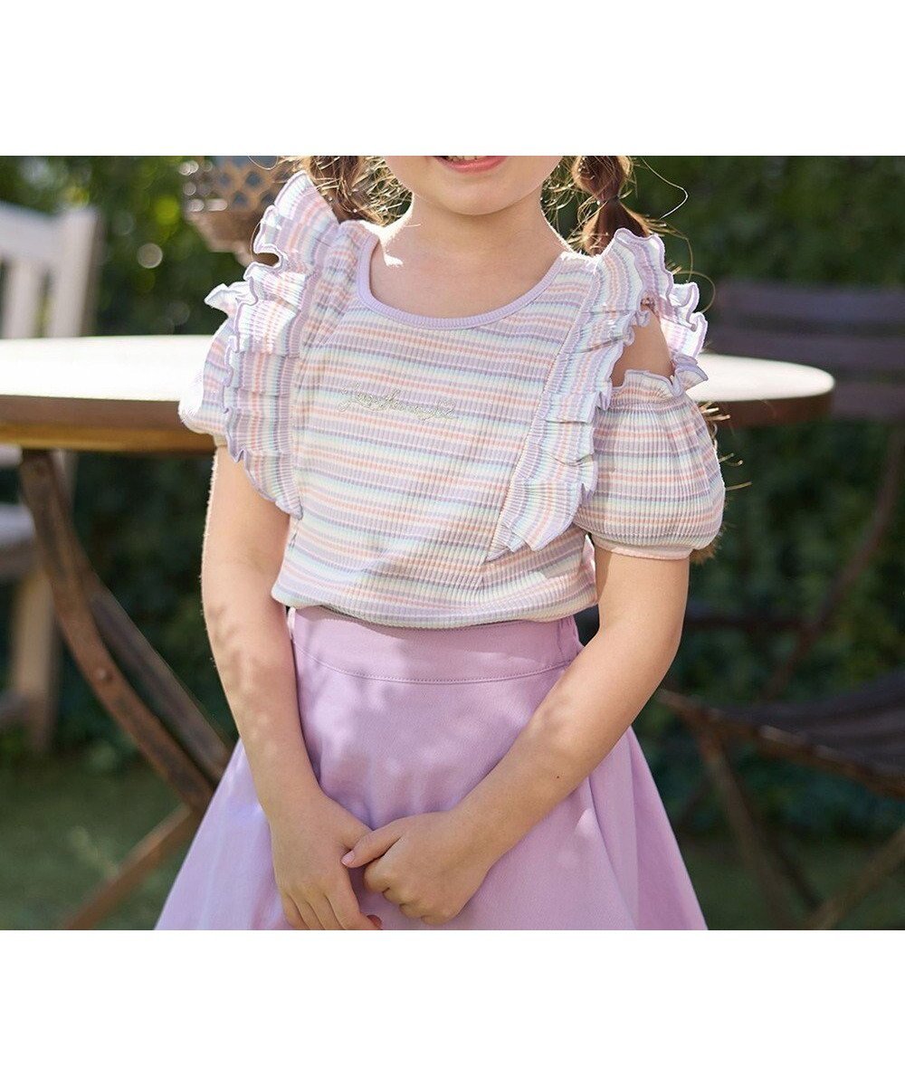 【エニィ/ANY / KIDS】のオン・オフショルダー ボーダー Tシャツ インテリア・キッズ・メンズ・レディースファッション・服の通販 founy(ファニー) 　ファッション　Fashion　キッズファッション　Fashion for Kids　トップス・カットソー　Cut & Sew Tops　春　Spring　カットソー　Cut and Sewn Top　テレコ　Ribbed, Rib Stitch　フリル　Frill, Ruffle　ボーダー　Border, Stripe　ポケット　Pocket, Pocket Detail　S/S・春夏　SS, Spring/Summer, Warm Season　夏　Summer　ラベンダー系|ID: prp329100004694333 ipo3291000000033896478