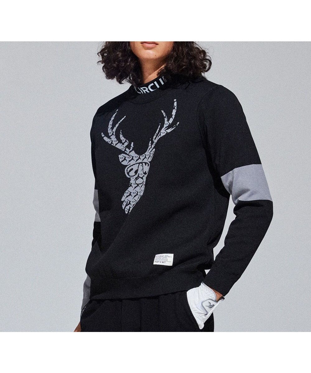 【ピーダブリュサーキュラス/PW CIRCULUS / MEN】の【イージーケア/軽量】【MEN】 DEER モチーフニット インテリア・キッズ・メンズ・レディースファッション・服の通販 founy(ファニー) 　ファッション　Fashion　メンズファッション　Fashion for Men　トップス・カットソー　Cut & Sew Tops　ニット・セーター / 定番トップス　Knit Tops & Sweaters　インナー　Innerwear　軽量　Lightweight, Ultra Light　サングラス　Sunglasses, Shades　ジャケット　Jacket, Outerwear　セーター　Sweater, Knitwear　ブロック　Block, Solid Block Pattern　プリント　Print, Printed Pattern　モザイク　Mosaic, Geometric Pattern　モチーフ　Motif, Design Theme　モックネック　Mock Neck, Short Turtleneck　A/W・秋冬　Autumn/Winter　おすすめ　Recommended / Our Picks　2023年　2023　2023-2024秋冬・A/W　Autumn/Winter 2023–24 AW23–24　ゴルフ　Golf　ブラック系|ID: prp329100004695517 ipo3291000000033906554