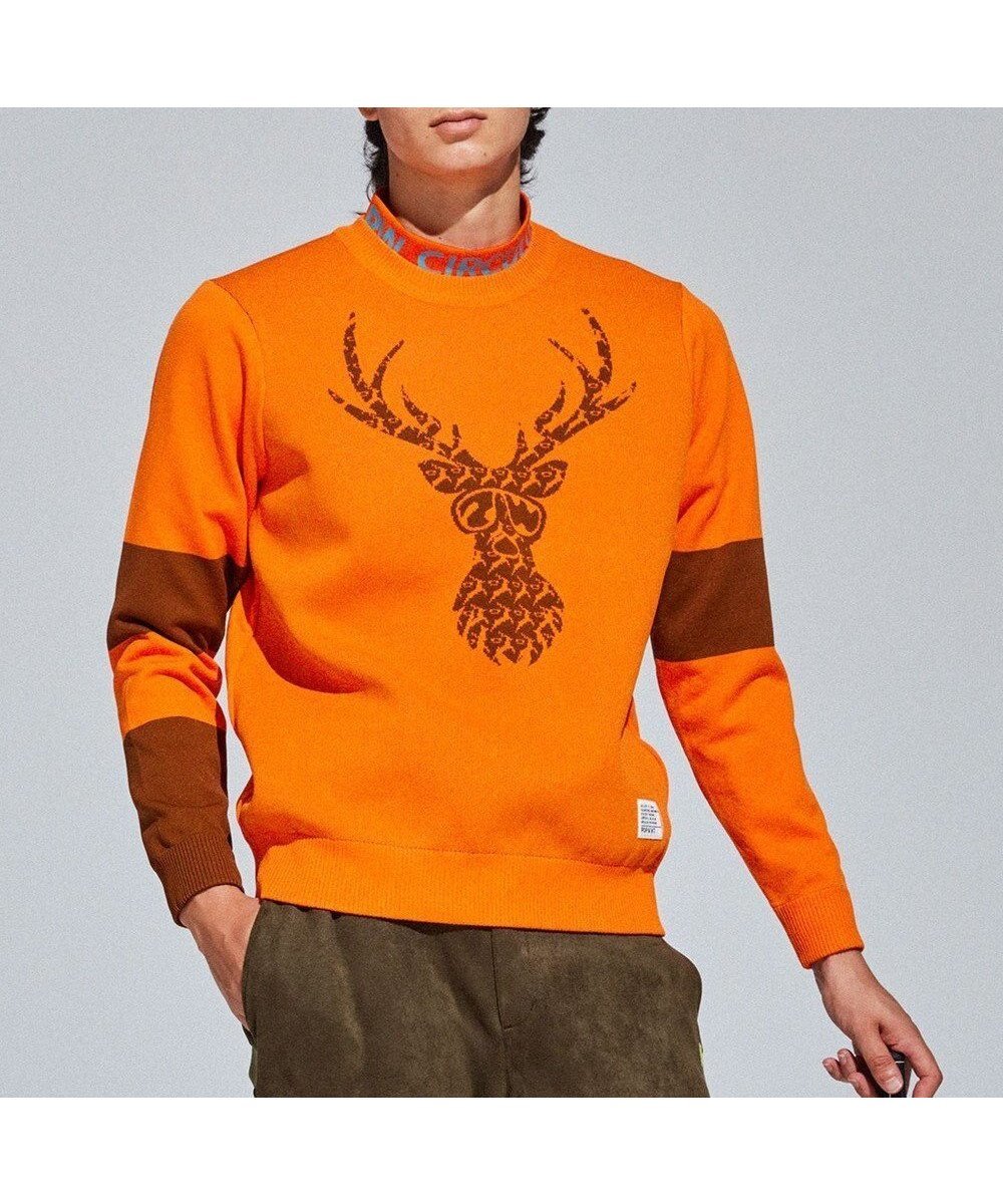 【ピーダブリュサーキュラス/PW CIRCULUS / MEN】の【イージーケア/軽量】【MEN】 DEER モチーフニット インテリア・キッズ・メンズ・レディースファッション・服の通販 founy(ファニー) 　ファッション　Fashion　メンズファッション　Fashion for Men　トップス・カットソー　Cut & Sew Tops　ニット・セーター / 定番トップス　Knit Tops & Sweaters　インナー　Innerwear　軽量　Lightweight, Ultra Light　サングラス　Sunglasses, Shades　ジャケット　Jacket, Outerwear　セーター　Sweater, Knitwear　ブロック　Block, Solid Block Pattern　プリント　Print, Printed Pattern　モザイク　Mosaic, Geometric Pattern　モチーフ　Motif, Design Theme　モックネック　Mock Neck, Short Turtleneck　A/W・秋冬　Autumn/Winter　おすすめ　Recommended / Our Picks　2023年　2023　2023-2024秋冬・A/W　Autumn/Winter 2023–24 AW23–24　ゴルフ　Golf　オレンジ系|ID: prp329100004695517 ipo3291000000033906555