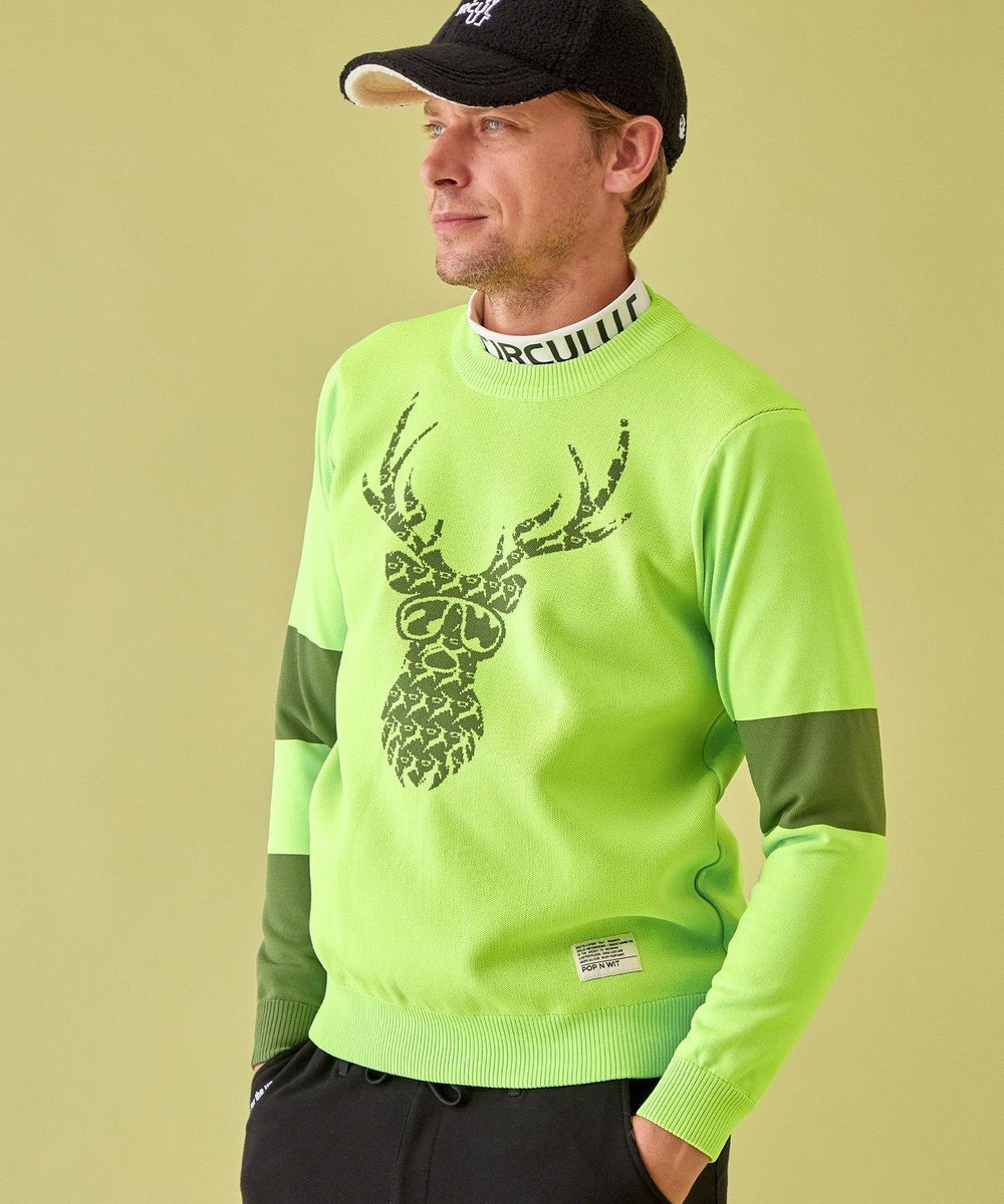 【ピーダブリュサーキュラス/PW CIRCULUS / MEN】の【イージーケア/軽量】【MEN】 DEER モチーフニット インテリア・キッズ・メンズ・レディースファッション・服の通販 founy(ファニー) 　ファッション　Fashion　メンズファッション　Fashion for Men　トップス・カットソー　Cut & Sew Tops　ニット・セーター / 定番トップス　Knit Tops & Sweaters　インナー　Innerwear　軽量　Lightweight, Ultra Light　サングラス　Sunglasses, Shades　ジャケット　Jacket, Outerwear　セーター　Sweater, Knitwear　ブロック　Block, Solid Block Pattern　プリント　Print, Printed Pattern　モザイク　Mosaic, Geometric Pattern　モチーフ　Motif, Design Theme　モックネック　Mock Neck, Short Turtleneck　A/W・秋冬　Autumn/Winter　おすすめ　Recommended / Our Picks　2023年　2023　2023-2024秋冬・A/W　Autumn/Winter 2023–24 AW23–24　ゴルフ　Golf　ライトグリーン系|ID: prp329100004695517 ipo3291000000033906556