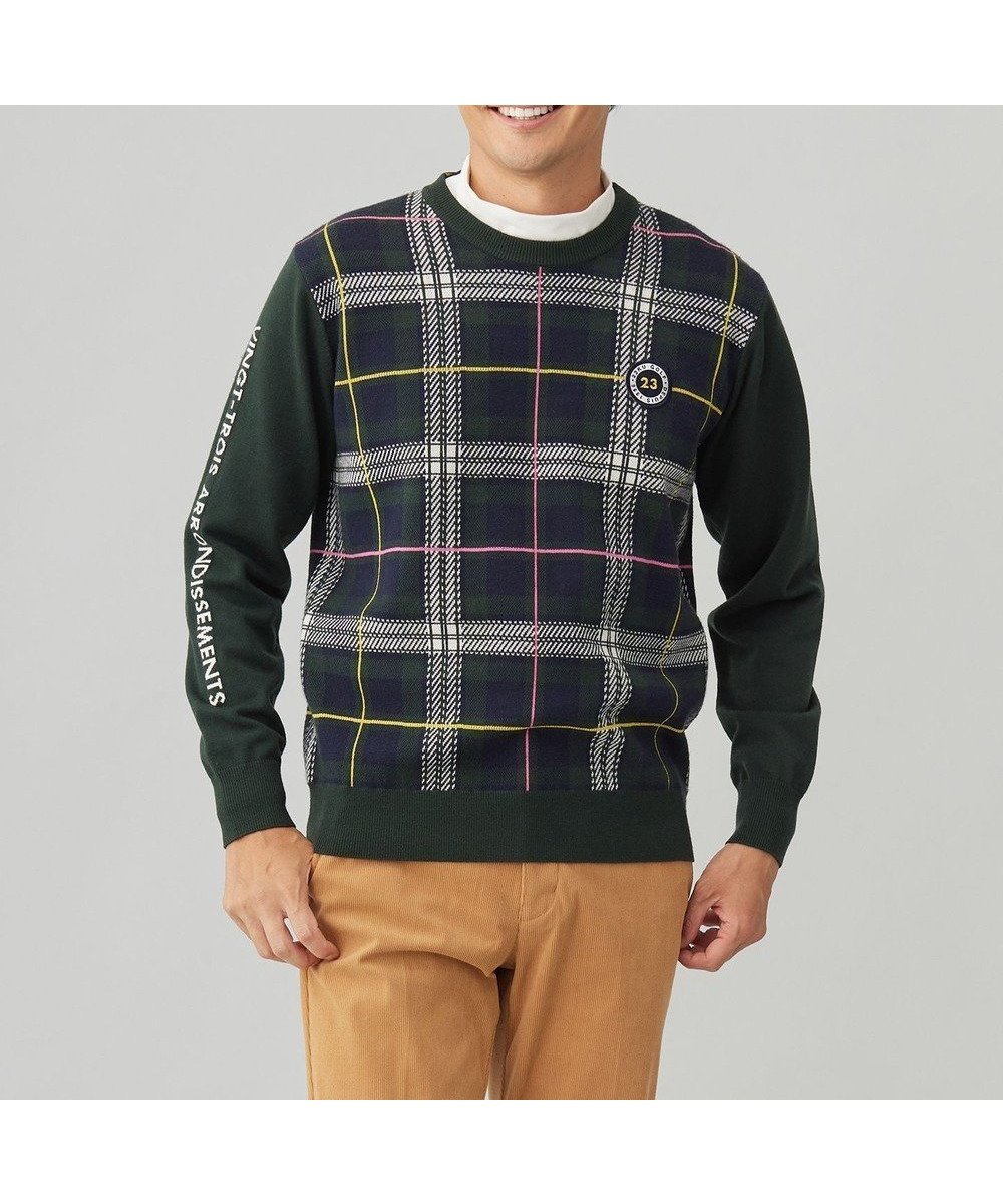 【23区 ゴルフ/23区GOLF / MEN】の【MEN】チェックジャガード クルーネック ニット インテリア・キッズ・メンズ・レディースファッション・服の通販 founy(ファニー) 　ファッション　Fashion　メンズファッション　Fashion for Men　トップス・カットソー　Cut & Sew Tops　ニット・セーター / 定番トップス　Knit Tops & Sweaters　ウォーム　Warm Fabric　クラシカル　Classical, Vintage-Inspired　ストレッチ　Stretch, Stretchy Fabric　セーター　Sweater, Knitwear　チェック　Check, Plaid, Tartan　ボトム　Bottoms, Lower Wear　モノトーン　Monotone, Black and White　A/W・秋冬　Autumn/Winter　2024年　2024　ゴルフ　Golf　2024-2025秋冬・A/W　Autumn/Winter 2024–25 AW24–25　ダークグリーン系3|ID: prp329100004696946 ipo3291000000033918499