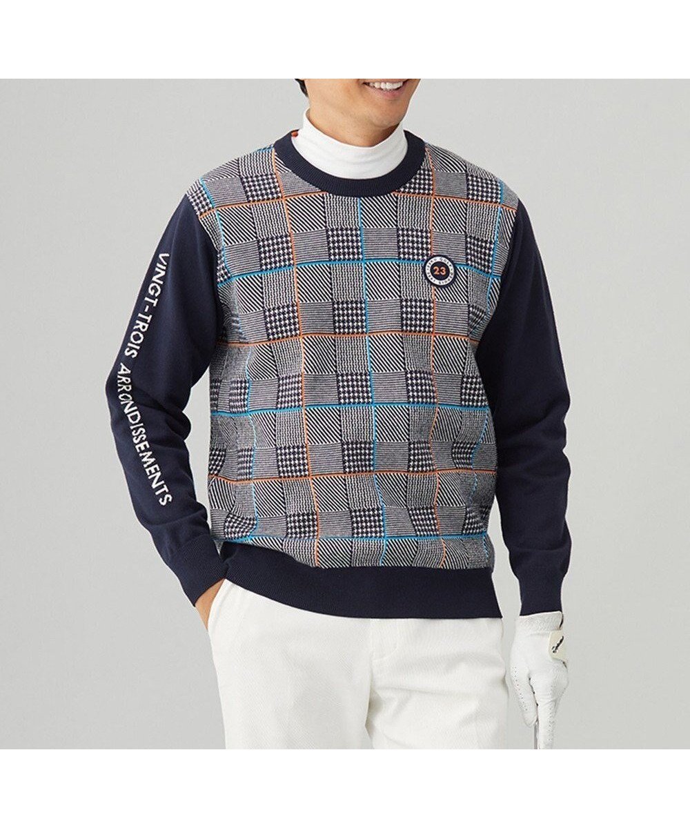 【23区 ゴルフ/23区GOLF / MEN】の【MEN】チェックジャガード クルーネック ニット インテリア・キッズ・メンズ・レディースファッション・服の通販 founy(ファニー) 　ファッション　Fashion　メンズファッション　Fashion for Men　トップス・カットソー　Cut & Sew Tops　ニット・セーター / 定番トップス　Knit Tops & Sweaters　ウォーム　Warm Fabric　クラシカル　Classical, Vintage-Inspired　ストレッチ　Stretch, Stretchy Fabric　セーター　Sweater, Knitwear　チェック　Check, Plaid, Tartan　ボトム　Bottoms, Lower Wear　モノトーン　Monotone, Black and White　A/W・秋冬　Autumn/Winter　2024年　2024　ゴルフ　Golf　2024-2025秋冬・A/W　Autumn/Winter 2024–25 AW24–25　ネイビー系3|ID: prp329100004696946 ipo3291000000033918500