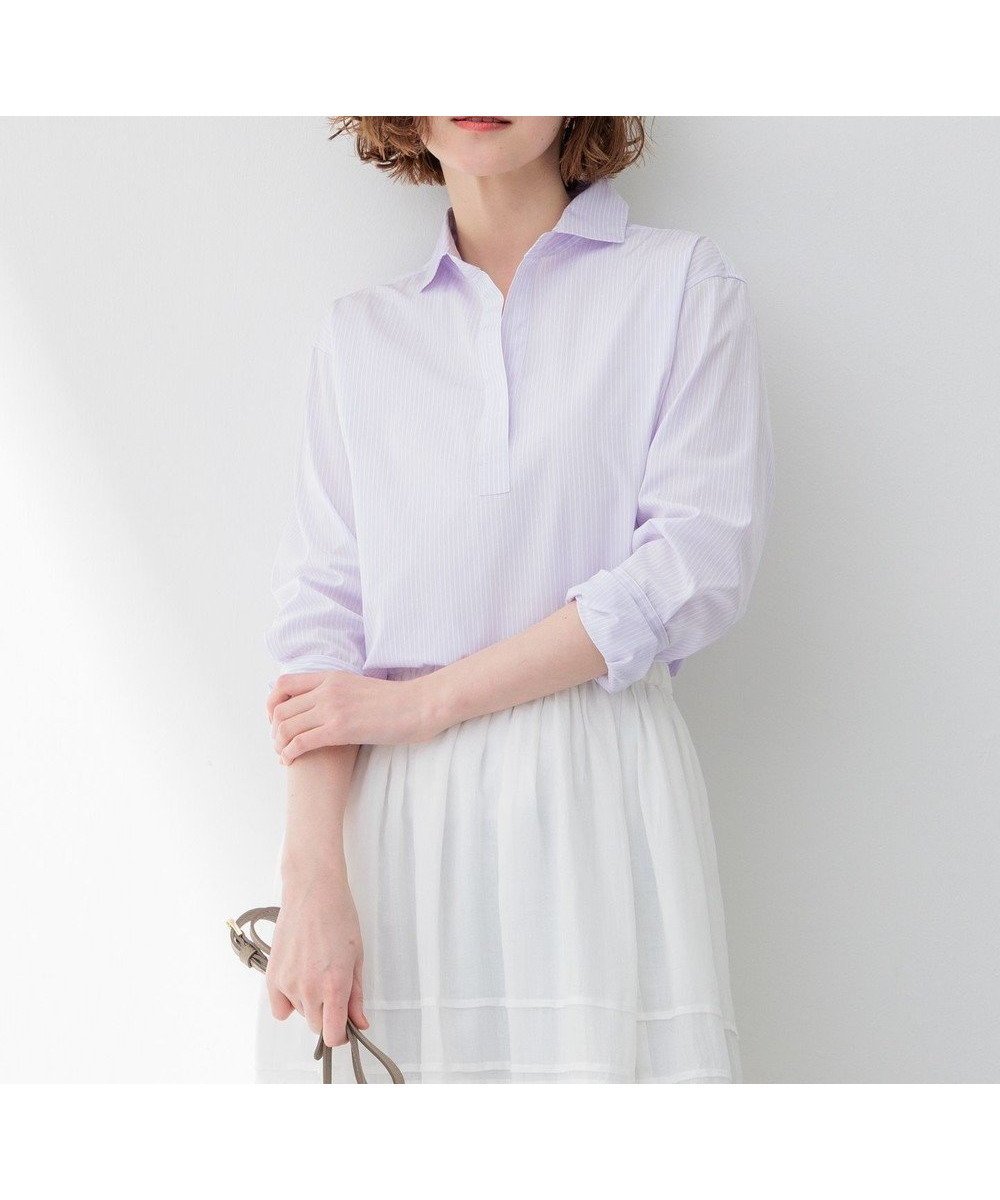 【23区/NIJYUSANKU】の【Oggi4月号掲載/洗える】CANCLINI スキッパー シャツ インテリア・キッズ・メンズ・レディースファッション・服の通販 founy(ファニー) 　雑誌掲載アイテム　Magazine Picks & Fashion Features　ファッション雑誌　Fashion Magazines　オッジ　Oggi　ファッション　Fashion　レディースファッション　Fashion for Women　トップス・カットソー　Cut & Sew Tops　シャツ・ブラウス・オフィスカジュアル　Elegant Blouses & Button-Ups　イタリア　Italy　エレガント 上品　Elegant　春　Spring　洗える　Machine Washable　クラシック　Classic, Timeless Style　クロップド　Cropped, Short Length　4月号　April Issue　スキッパー　Skipper, Open Collar　ストライプ　Stripe, Striped Pattern　スリム　Slim, Slim Fit　スリーブ　Sleeve, Long Sleeve / Short Sleeve　雑誌　Magazine, Fashion Magazine　ダブル　Double, Double-Breasted　定番　Standard, Basic Item　フロント　Front, Front Design　ベーシック　Basic, Essential　ミラノ　Milano Style, Italian-Inspired　無地　Plain, Solid Color　ラベンダー　Lavender　S/S・春夏　SS, Spring/Summer, Warm Season　夏　Summer　2024年　2024　2024春夏・S/S　Spring/Summer 2024 SS24　[WEB限定]ラベンダーストライプ|ID: prp329100004697043 ipo3291000000033919088