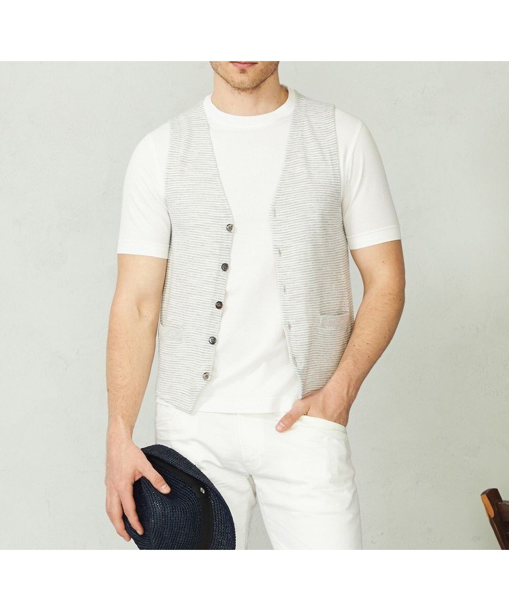 【ジョセフ アブード/JOSEPH ABBOUD / MEN】の【軽い/洗える】スラブギマボーダーニットベスト インテリア・キッズ・メンズ・レディースファッション・服の通販 founy(ファニー) 　ファッション　Fashion　メンズファッション　Fashion for Men　トップス・カットソー　Cut & Sew Tops　ニット・セーター / 定番トップス　Knit Tops & Sweaters　ベスト・ジレ　Vests & Gilets　アンサンブル　Ensemble Set　イタリア　Italy　春　Spring　洗える　Machine Washable　カーディガン　Cardigan, Knitwear　コーティング　Coating, Coated Finish　人気　Popular, Best Seller　ベスト　Vest, Waistcoat　ボーダー　Border, Stripe　S/S・春夏　SS, Spring/Summer, Warm Season　夏　Summer　ライトグレー系1|ID: prp329100004698509 ipo3291000000034576129