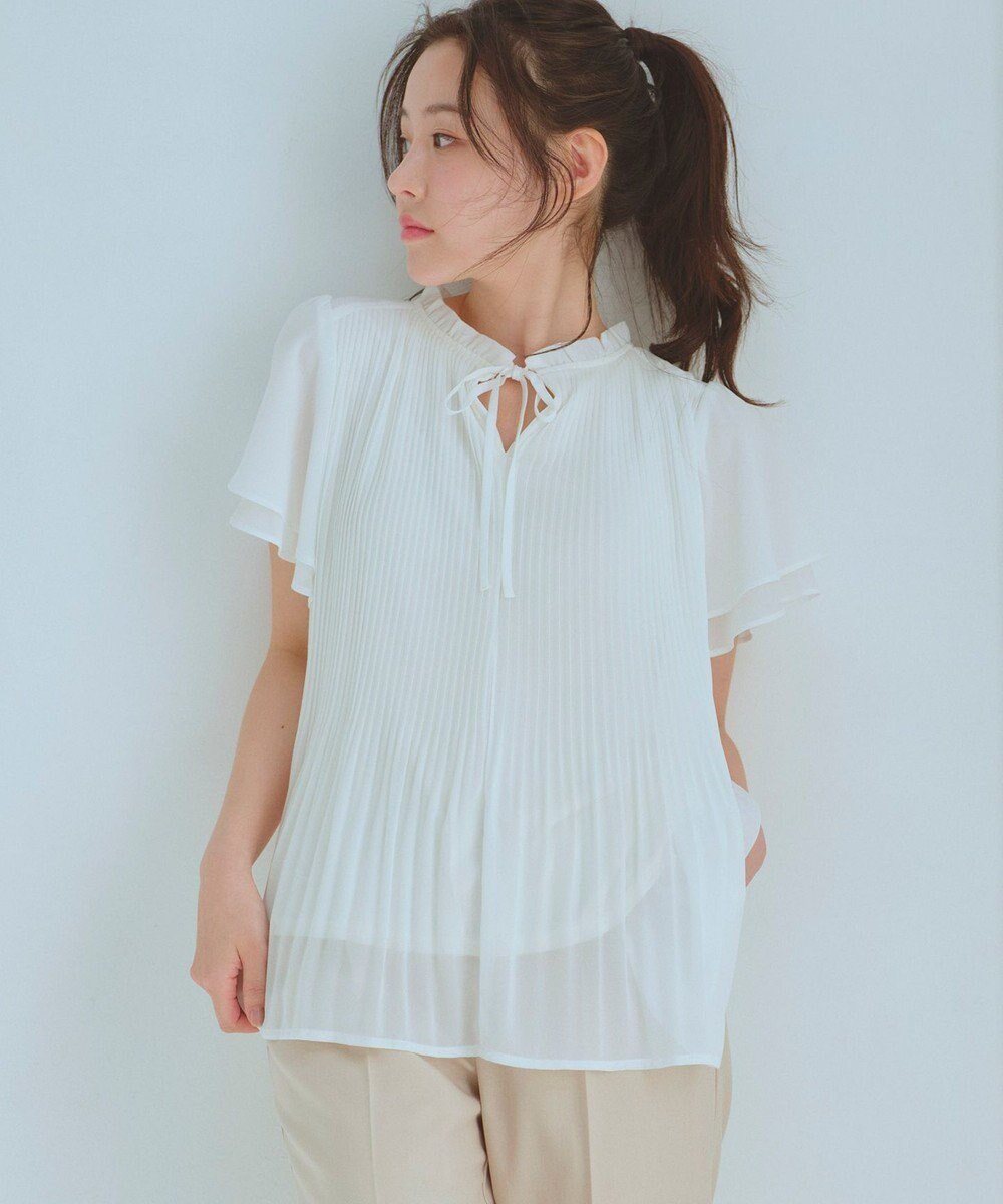 【フェルゥ/Feroux】の【2WAY・洗える】シフォンジョーゼットプリーツ ブラウス インテリア・キッズ・メンズ・レディースファッション・服の通販 founy(ファニー) 　ファッション　Fashion　レディースファッション　Fashion for Women　トップス・カットソー　Cut & Sew Tops　シャツ・ブラウス・オフィスカジュアル　Elegant Blouses & Button-Ups　インナー　Innerwear　シフォン　Chiffon, Lightweight Fabric　ジョーゼット　Georgette, Semi-Sheer Fabric　スリーブ　Sleeve, Long Sleeve / Short Sleeve　ドット　Polka Dot, Dot Pattern　フレア　Flare, Flared　フレンチ　French, French Style　プリーツ　Pleats, Pleated　ボトム　Bottoms, Lower Wear　モノトーン　Monotone, Black and White　リボン　Ribbon, Bow　夏　Summer　春　Spring　S/S・春夏　SS, Spring/Summer, Warm Season　洗える　Machine Washable　アイボリー系|ID: prp329100004698554 ipo3291000000033928286