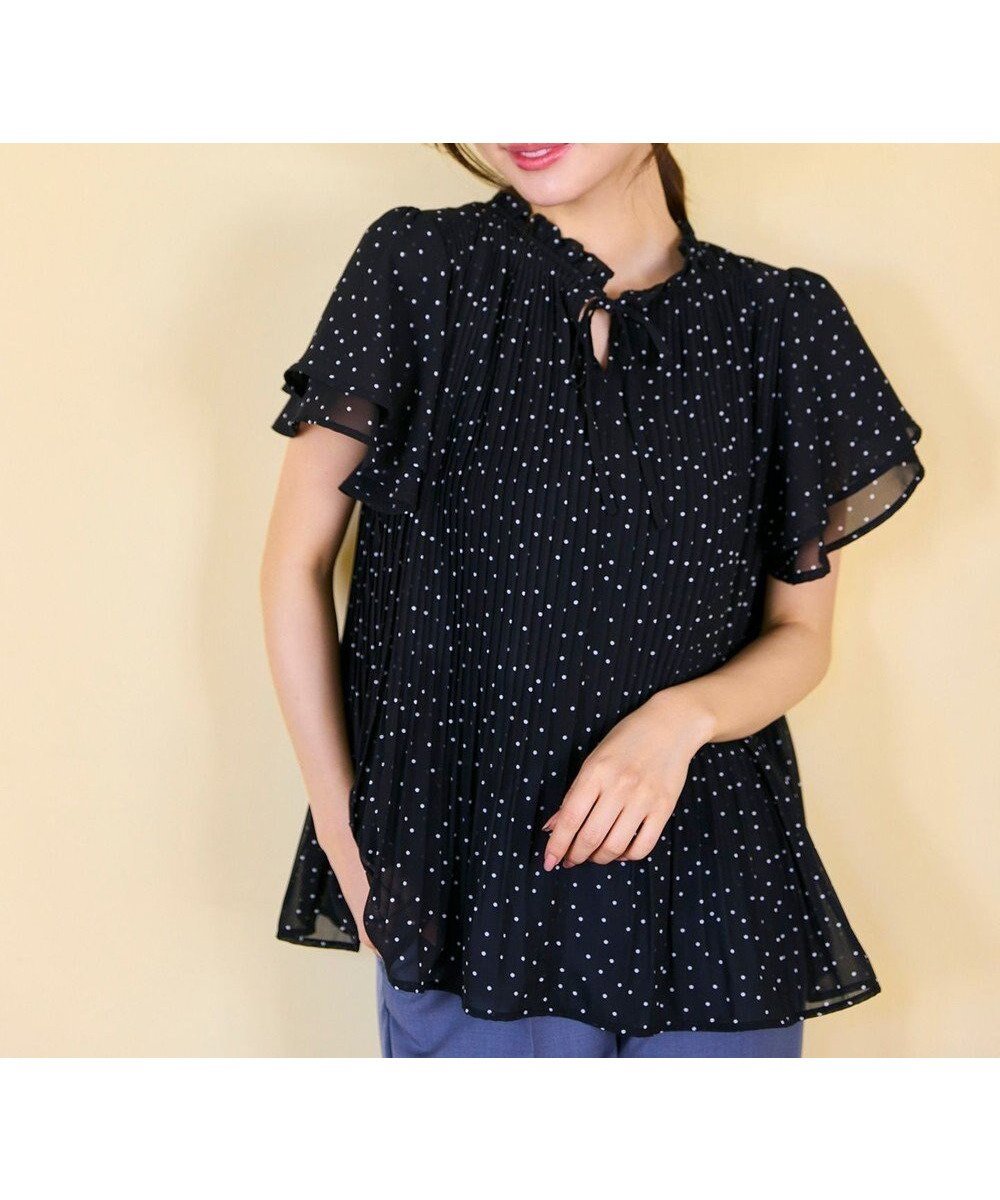 【フェルゥ/Feroux】の【2WAY】シフォンジョーゼットプリーツ ブラウス インテリア・キッズ・メンズ・レディースファッション・服の通販 founy(ファニー) 　ファッション　Fashion　レディースファッション　Fashion for Women　トップス・カットソー　Cut & Sew Tops　シャツ・ブラウス・オフィスカジュアル　Elegant Blouses & Button-Ups　インナー　Innerwear　シフォン　Chiffon, Lightweight Fabric　ジョーゼット　Georgette, Semi-Sheer Fabric　スリーブ　Sleeve, Long Sleeve / Short Sleeve　ドット　Polka Dot, Dot Pattern　フレア　Flare, Flared　フレンチ　French, French Style　プリーツ　Pleats, Pleated　ボトム　Bottoms, Lower Wear　モノトーン　Monotone, Black and White　リボン　Ribbon, Bow　夏　Summer　春　Spring　S/S・春夏　SS, Spring/Summer, Warm Season　ブラック系1|ID: prp329100004698554 ipo3291000000034177525