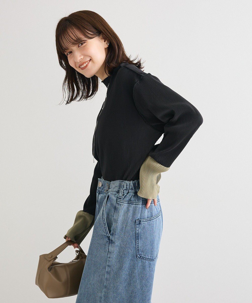 【グリーンパークス/Green Parks】のプリーツ袖配色プルオーバー インテリア・キッズ・メンズ・レディースファッション・服の通販 founy(ファニー) ファッション Fashion レディースファッション Fashion for Women トップス・カットソー Cut & Sew Tops シャツ・ブラウス・オフィスカジュアル Elegant Blouses & Button-Ups ロングTシャツ・Tシャツ Longline T-Shirts & Tees カジュアルプルオーバー・ニットトップス Pullovers & Knit Tops / Casual Pullovers カットソー・ベーシックTシャツ Cut-and-Sewn Tops / Stretch Tees & Basics インナー Innerwear エアリー Airy Texture カットソー Cut and Sewn Top プリーツ Pleats, Pleated ポケット Pocket, Pocket Detail A/W・秋冬 Autumn/Winter Black|ID: prp329100004698648 ipo3291000000033928864