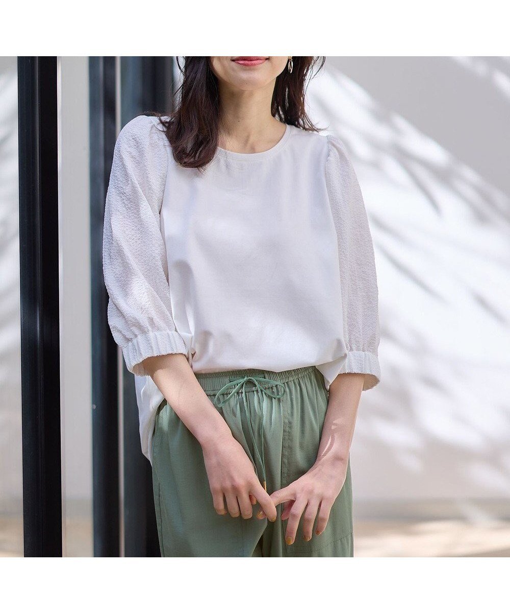 【エニー/ANY】の【洗濯機可】布帛コンビプルオーバー インテリア・キッズ・メンズ・レディースファッション・服の通販 founy(ファニー) 　ファッション　Fashion　レディースファッション　Fashion for Women　トップス・カットソー　Cut & Sew Tops　シャツ・ブラウス・オフィスカジュアル　Elegant Blouses & Button-Ups　ロングTシャツ・Tシャツ　Longline T-Shirts & Tees　カジュアルプルオーバー・ニットトップス　Pullovers & Knit Tops / Casual Pullovers　カットソー・ベーシックTシャツ　Cut-and-Sewn Tops / Stretch Tees & Basics　インナー　Innerwear　カットソー　Cut and Sewn Top　キャミワンピース　Cami Dress, Slip Dress　コンビ　Combo, Combination Style　ストレッチ　Stretch, Stretchy Fabric　スリーブ　Sleeve, Long Sleeve / Short Sleeve　デニム　Denim, Jeans Material　ドッキング　Docking, Mixed Material　フェミニン　Feminine, Girly　夏　Summer　春　Spring　S/S・春夏　SS, Spring/Summer, Warm Season　オフ|ID: prp329100004700264 ipo3291000000033938800