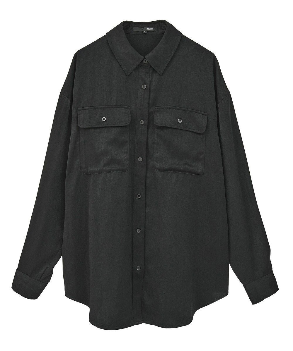 【グリーンパークス/Green Parks】の・SUGAR SPOON サテンオーバーシャツ インテリア・キッズ・メンズ・レディースファッション・服の通販 founy(ファニー) 　ファッション　Fashion　レディースファッション　Fashion for Women　ワンピース　Dresses　チュニック　Tunic Tops & Dresses　おすすめ　Recommended / Our Picks　サテン　Satin, Glossy Fabric　チュニック　Tunic, Long Top　フラップ　Flap, Flap Pocket　ポケット　Pocket, Pocket Detail　エレガント 上品　Elegant　今季　This Season, Current Season　A/W・秋冬　Autumn/Winter　Black|ID: prp329100004700387 ipo3291000000033939202