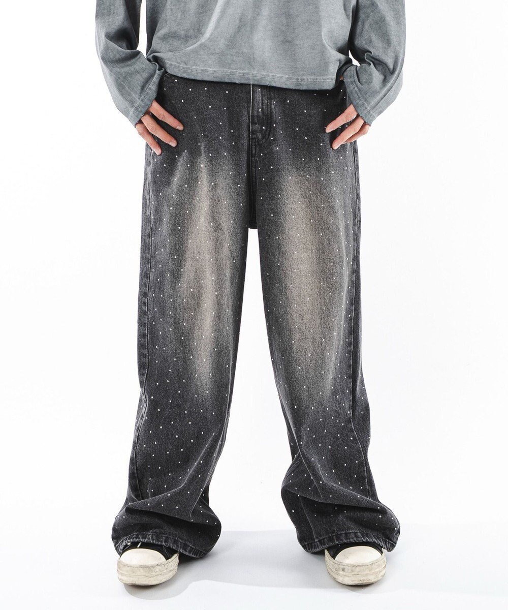 【ウィゴー/WEGO】の【ユニセックス着用ITEM】スーパーバギーラインストーンデニムパンツ インテリア・キッズ・メンズ・レディースファッション・服の通販 founy(ファニー) 　ファッション　Fashion　レディースファッション　Fashion for Women　パンツ　Pants & Trousers　デニムパンツ・ジーンズ・美脚デニム　Denim Jeans & Pants　ヴィンテージ　Vintage Style　春　Spring　カットソー　Cut and Sewn Top　クロップド　Cropped, Short Length　シンプル　Simple, Minimal　スウェット / スエット　Sweatshirt, Sweatwear　ストーン　Stone, Gem-Like　スマホ　Smartphone, Mobile Device　デニム　Denim, Jeans Material　トレンド　Trend, Trending Now　フロント　Front, Front Design　ルーズ　Loose, Oversized　ワイド　Wide, Wide Fit　A/W・秋冬　Autumn/Winter　プチプライス・低価格　Affordable / Budget Price　おすすめ　Recommended / Our Picks　夏　Summer　デニムブラックソノタ|ID: prp329100004701749 ipo3291000000033949335