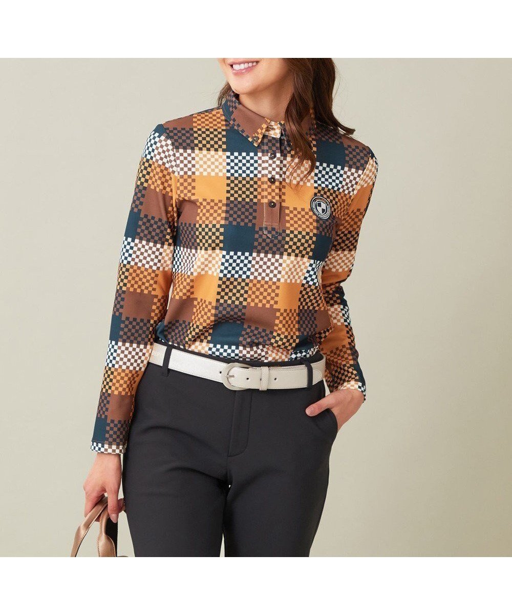 【23区 ゴルフ/NIJYUSANKU GOLF】の【WOMEN】【吸水速乾・UVケア】 チェック柄プリント 長袖シャツ 人気、トレンドファッション・服の通販 founy(ファニー) 　ファッション　Fashion　レディースファッション　Fashion for Women　トップス・カットソー　Cut & Sew Tops　シャツ・ブラウス・オフィスカジュアル　Elegant Blouses & Button-Ups　ポロシャツ・きれいめカジュアル　Smart-Casual Polo Tops　おすすめ　Recommended / Our Picks　チェック　Check, Plaid, Tartan　プリント　Print, Printed Pattern　ボトム　Bottoms, Lower Wear　ポロシャツ　Polo Shirt, Collared Tee　吸水　Absorbent, Quick-Dry　無地　Plain, Solid Color　秋　Autumn　A/W・秋冬　Autumn/Winter　長袖　Long Sleeve, Full Sleeve　 other-1|ID: prp329100004701805 ipo3291000000034664548