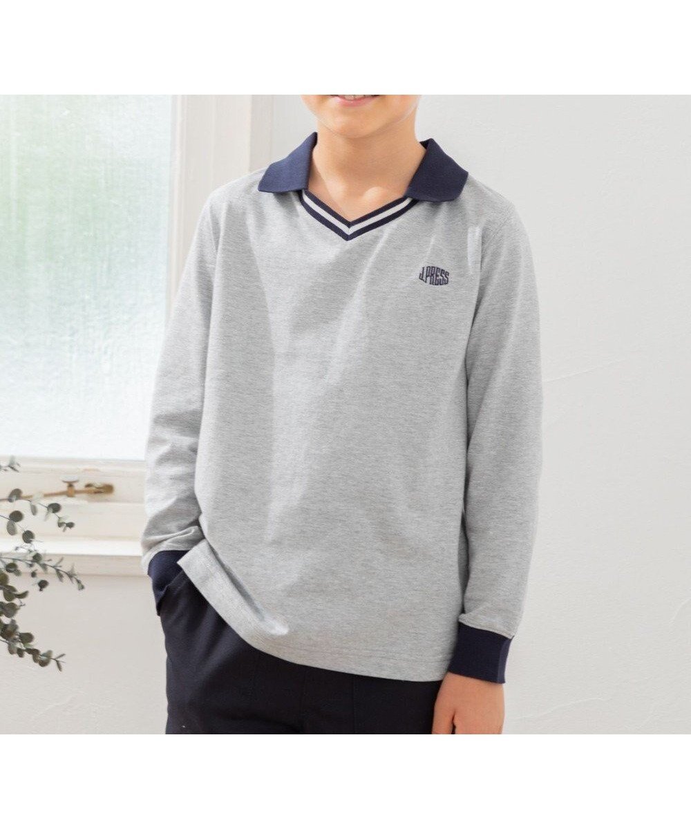 【ジェイ プレス/J.PRESS / KIDS】の【110-130cm】40/2天竺襟付き Vネック ポロシャツ インテリア・キッズ・メンズ・レディースファッション・服の通販 founy(ファニー) 　ファッション　Fashion　キッズファッション　Fashion for Kids　トップス・カットソー　Cut & Sew Tops　シンプル　Simple, Minimal　スポーティ　Sporty, Casual Athletic　スマホ　Smartphone, Mobile Device　デニム　Denim, Jeans Material　トレンド　Trend, Trending Now　人気　Popular, Best Seller　長袖　Long Sleeve, Full Sleeve　ポロシャツ　Polo Shirt, Collared Tee　ワンポイント　One Point, Statement Accent　A/W・秋冬　Autumn/Winter　冬　Winter / This Winter　2024年　2024　2024-2025秋冬・A/W　Autumn/Winter 2024–25 AW24–25　ライトグレー系|ID: prp329100004703617 ipo3291000000033965703