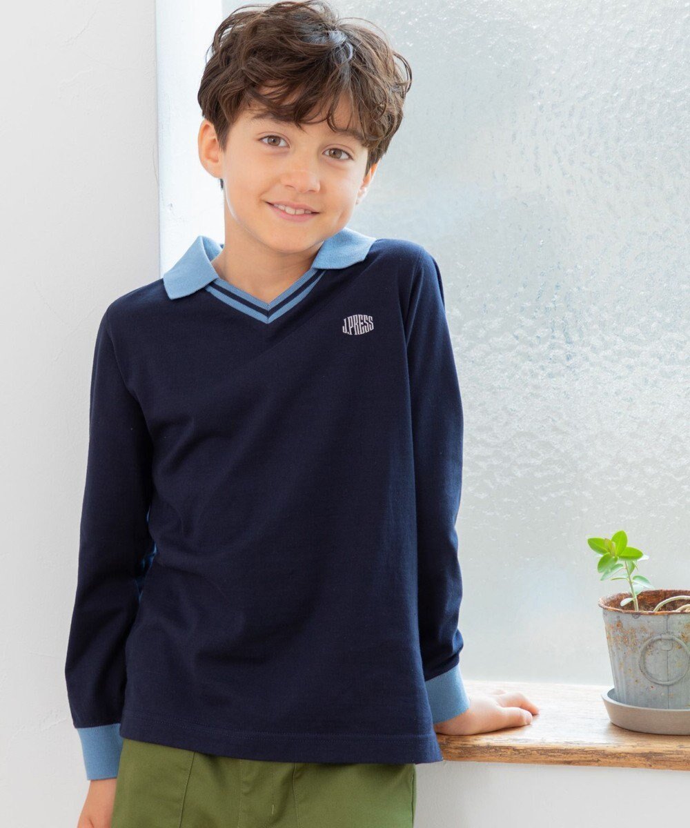 【ジェイ プレス/J.PRESS / KIDS】の【110-130cm】40/2天竺襟付き Vネック ポロシャツ インテリア・キッズ・メンズ・レディースファッション・服の通販 founy(ファニー) 　ファッション　Fashion　キッズファッション　Fashion for Kids　トップス・カットソー　Cut & Sew Tops　シンプル　Simple, Minimal　スポーティ　Sporty, Casual Athletic　スマホ　Smartphone, Mobile Device　デニム　Denim, Jeans Material　トレンド　Trend, Trending Now　人気　Popular, Best Seller　長袖　Long Sleeve, Full Sleeve　ポロシャツ　Polo Shirt, Collared Tee　ワンポイント　One Point, Statement Accent　A/W・秋冬　Autumn/Winter　冬　Winter / This Winter　2024年　2024　2024-2025秋冬・A/W　Autumn/Winter 2024–25 AW24–25　ネイビー系|ID: prp329100004703617 ipo3291000000033965704