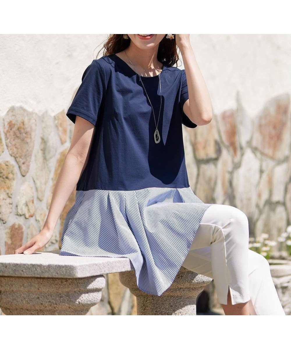 【ティアクラッセ/Tiaclasse】の【洗える】イレギュラーヘムチュニックブラウス インテリア・キッズ・メンズ・レディースファッション・服の通販 founy(ファニー) 　ファッション　Fashion　レディースファッション　Fashion for Women　トップス・カットソー　Cut & Sew Tops　シャツ・ブラウス・オフィスカジュアル　Elegant Blouses & Button-Ups　イレギュラーヘム　Irregular Hem　ウォッシャブル　Machine Washable　カットソー　Cut and Sewn Top　カーディガン　Cardigan, Knitwear　チュニック　Tunic, Long Top　ポケット　Pocket, Pocket Detail　ロング　Long, Long-Length　再入荷　Restock / Back in Stock　半袖　Short Sleeve, Half Sleeve　夏　Summer　新作・新入荷　New Arrivals / New In　春　Spring　S/S・春夏　SS, Spring/Summer, Warm Season　洗える　Machine Washable　ネイビー×ブルーストライプ|ID: prp329100004703716 ipo3291000000034696260