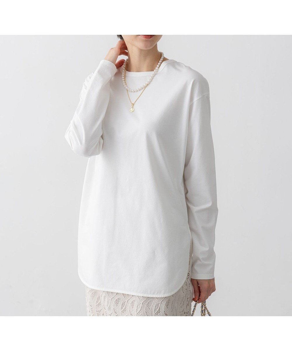 【23区/NIJYUSANKU】の【大好評素材/洗える】コットンベアジャージー ロング Tシャツ インテリア・キッズ・メンズ・レディースファッション・服の通販 founy(ファニー) 　ファッション　Fashion　レディースファッション　Fashion for Women　トップス・カットソー　Cut & Sew Tops　シャツ・ブラウス・オフィスカジュアル　Elegant Blouses & Button-Ups　ロングTシャツ・Tシャツ　Longline T-Shirts & Tees　カットソー・ベーシックTシャツ　Cut-and-Sewn Tops / Stretch Tees & Basics　洗える　Machine Washable　カットソー　Cut and Sewn Top　コンビ　Combo, Combination Style　ストレッチ　Stretch, Stretchy Fabric　スリット　Slit, Slit Detail　雑誌　Magazine, Fashion Magazine　なめらか　Smooth, Silky Texture　ベーシック　Basic, Essential　ペプラム　Peplum, Flared Hem　ボーダー　Border, Stripe　無地　Plain, Solid Color　ロング　Long, Long-Length　A/W・秋冬　Autumn/Winter　S/S・春夏　SS, Spring/Summer, Warm Season　夏　Summer　エレガント 上品　Elegant　ホワイト系|ID: prp329100004704734 ipo3291000000033974357