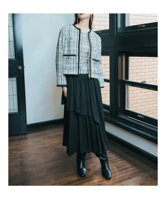 【イェッカ ヴェッカ/YECCA VECCA】のツイード×ラッフルワンピース インテリア・キッズ・メンズ・レディースファッション・服の通販 founy(ファニー) https://founy.com/ ファッション Fashion レディースファッション Fashion for Women ワンピース Dresses エレガント 上品 Elegant コンパクト Compact, Small Size サテン Satin, Glossy Fabric ジャケット Jacket, Outerwear セレモニー Ceremony ツイード Twill, Twill Weave トレンド Trend, Trending Now ドッキング Docking, Mixed Material フィット Fit, Slim Fit フォルム Silhouette, Form フレア Flare, Flared ポケット Pocket, Pocket Detail A/W・秋冬 Autumn/Winter |ID: prp329100004705833 ipo3291000000033985351