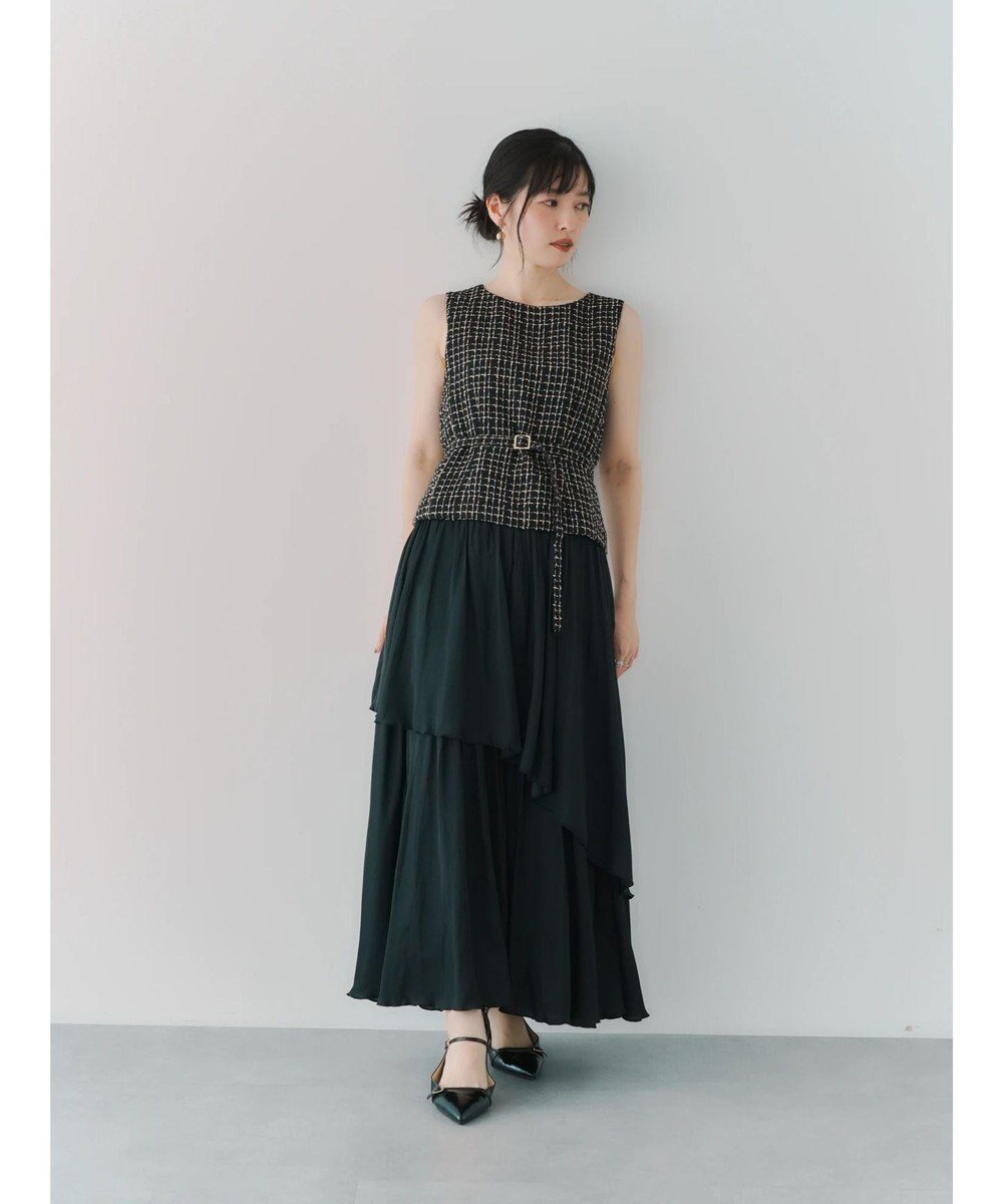【イェッカ ヴェッカ/YECCA VECCA】のツイード×ラッフルワンピース インテリア・キッズ・メンズ・レディースファッション・服の通販 founy(ファニー) 　ファッション　Fashion　レディースファッション　Fashion for Women　ワンピース　Dresses　エレガント 上品　Elegant　コンパクト　Compact, Small Size　サテン　Satin, Glossy Fabric　ジャケット　Jacket, Outerwear　セレモニー　Ceremony　ツイード　Twill, Twill Weave　トレンド　Trend, Trending Now　ドッキング　Docking, Mixed Material　フィット　Fit, Slim Fit　フォルム　Silhouette, Form　フレア　Flare, Flared　ポケット　Pocket, Pocket Detail　A/W・秋冬　Autumn/Winter　Black|ID: prp329100004705833 ipo3291000000034070710