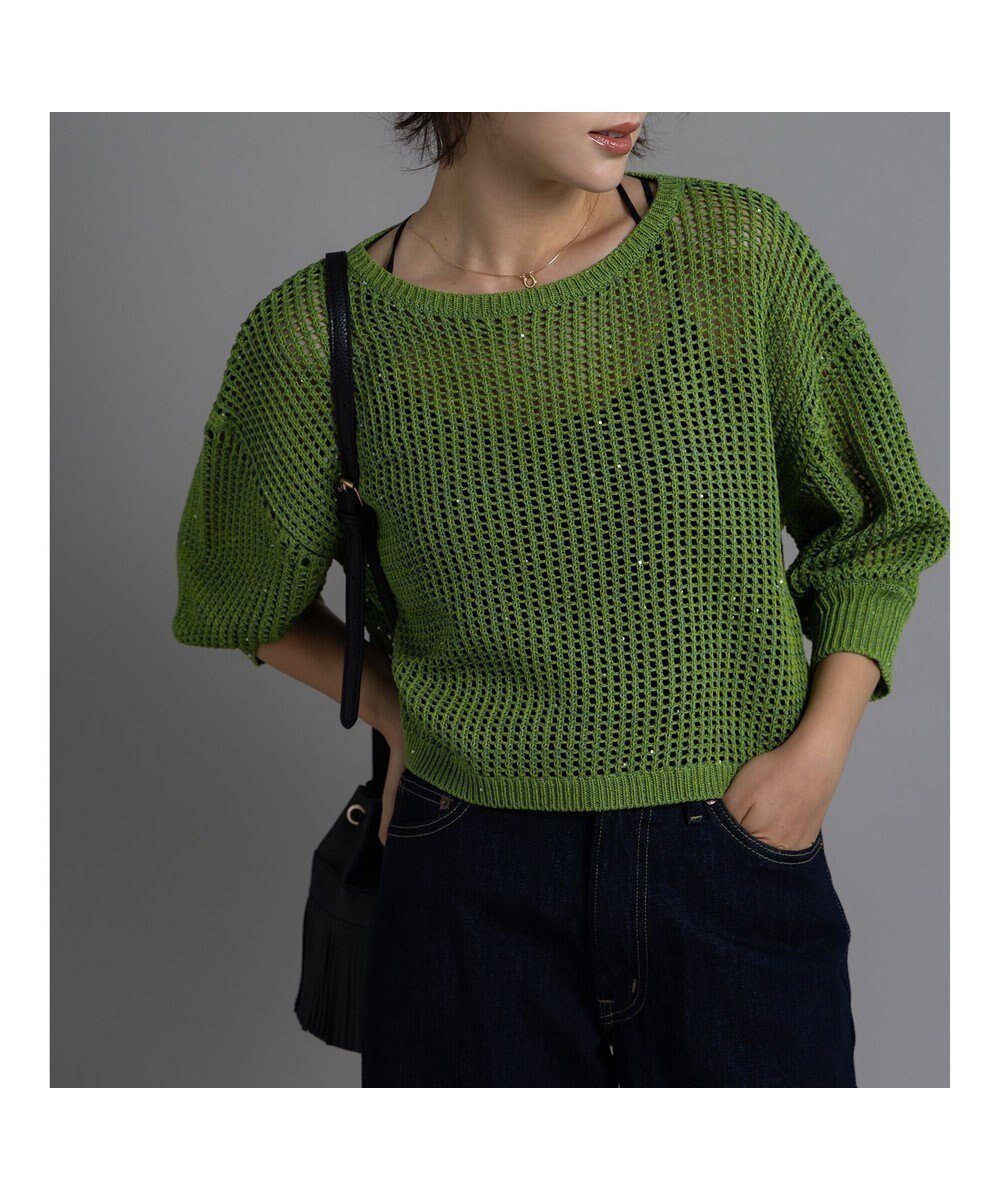 【テチチ/Te chichi】のスパンコールメッシュハーフスリーブニット《2025Autumn catalog item》 インテリア・キッズ・メンズ・レディースファッション・服の通販 founy(ファニー) 　ファッション　Fashion　レディースファッション　Fashion for Women　トップス・カットソー　Cut & Sew Tops　ニット　Knit Tops & Sweaters　2025年　2025　2025-2026秋冬・A/W　Autumn/Winter 2025–26 AW25–26　スクエア　Square, Square Shape　スパンコール　Sequins, Sequin Embellishment　スリーブ　Sleeve, Long Sleeve / Short Sleeve　セーター　Sweater, Knitwear　ハーフ　Half, Half-Length　メッシュ　Mesh, Net Fabric　エレガント 上品　Elegant　夏　Summer　S/S・春夏　SS, Spring/Summer, Warm Season　A/W・秋冬　Autumn/Winter　雑誌　Magazine, Fashion Magazine　グリーン|ID: prp329100004708351 ipo3291000000036223155
