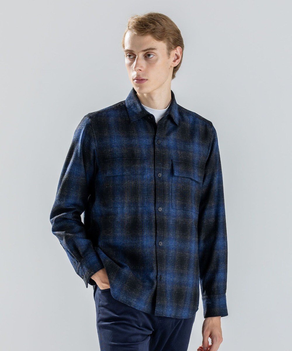 【ジョゼフ オム/JOSEPH HOMME / MEN】の新素材【再生型ファッション素材】フェードフラノチェック / シャツブルゾン インテリア・キッズ・メンズ・レディースファッション・服の通販 founy(ファニー) 　ファッション　Fashion　メンズファッション　Fashion for Men　トップス・カットソー　Cut & Sew Tops　メンズシャツ　Shirts　インナー　Innerwear　カフス　Cuff Design　フラップ　Flap, Flap Pocket　フロント　Front, Front Design　ブルゾン　Blouson, Bomber Jacket　ポケット　Pocket, Pocket Detail　冬　Winter / This Winter　A/W・秋冬　Autumn/Winter　ネイビー系3|ID: prp329100004710926 ipo3291000000034028902