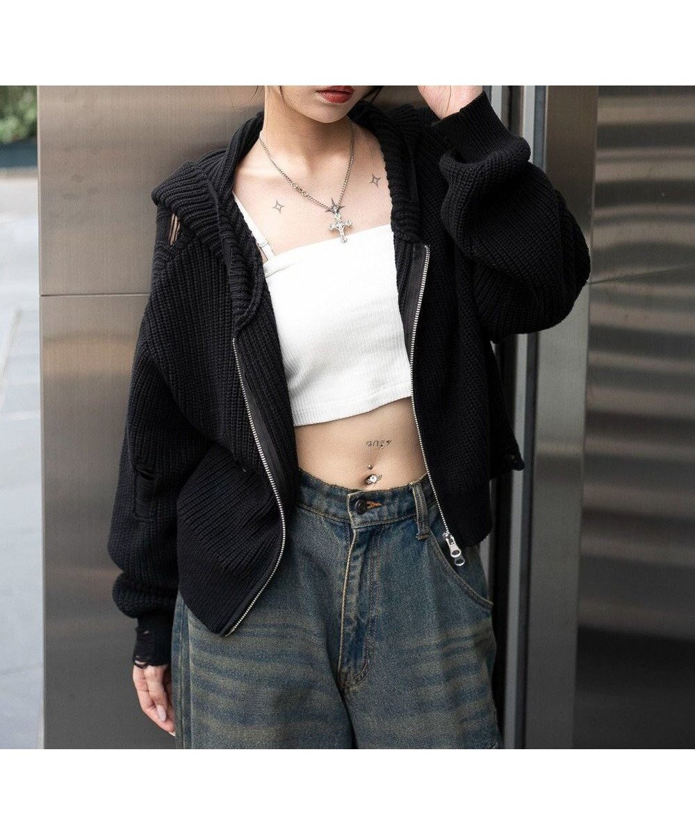 【ウィゴー/WEGO】のダメージニットジップパーカー インテリア・キッズ・メンズ・レディースファッション・服の通販 founy(ファニー) ファッション Fashion レディースファッション Fashion for Women トップス・カットソー Cut & Sew Tops ニット Knit Tops & Sweaters レディースパーカー・カジュアルフーディー Casual Hoodies & Sweatshirts ガーリー Girly, Feminine Style スウェット / スエット Sweatshirt, Sweatwear スニーカー Sneakers, Trainers スマホ Smartphone, Mobile Device ダメージ Distressed, Destroyed デニム Denim, Jeans Material トレンド Trend, Trending Now パーカー Hoodie, Parka フロント Front, Front Design リラックス Relax, Relaxed Fit A/W・秋冬 Autumn/Winter ブラック|ID: prp329100004710961 ipo3291000000034029075