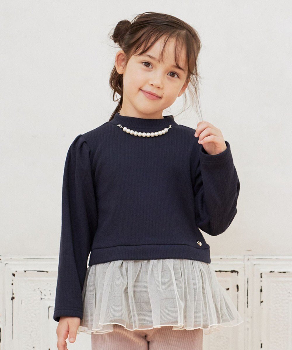 【エニィ/ANY / KIDS】のパール付きペプラムトレーナー インテリア・キッズ・メンズ・レディースファッション・服の通販 founy(ファニー) 　ファッション　Fashion　キッズファッション　Fashion for Kids　トップス・カットソー　Cut & Sew Tops　おすすめ　Recommended / Our Picks　スウェット / スエット　Sweatshirt, Sweatwear　チェック　Check, Plaid, Tartan　チャーム　Charm, Pendant　チュール　Tulip, Tulip Motif　トレーナー　Sweatshirt, Trainer　パール　Pearl, Pearl Accent　ペプラム　Peplum, Flared Hem　ポケット　Pocket, Pocket Detail　エレガント 上品　Elegant　A/W・秋冬　Autumn/Winter　ネイビー|ID: prp329100004713115 ipo3291000000034047162