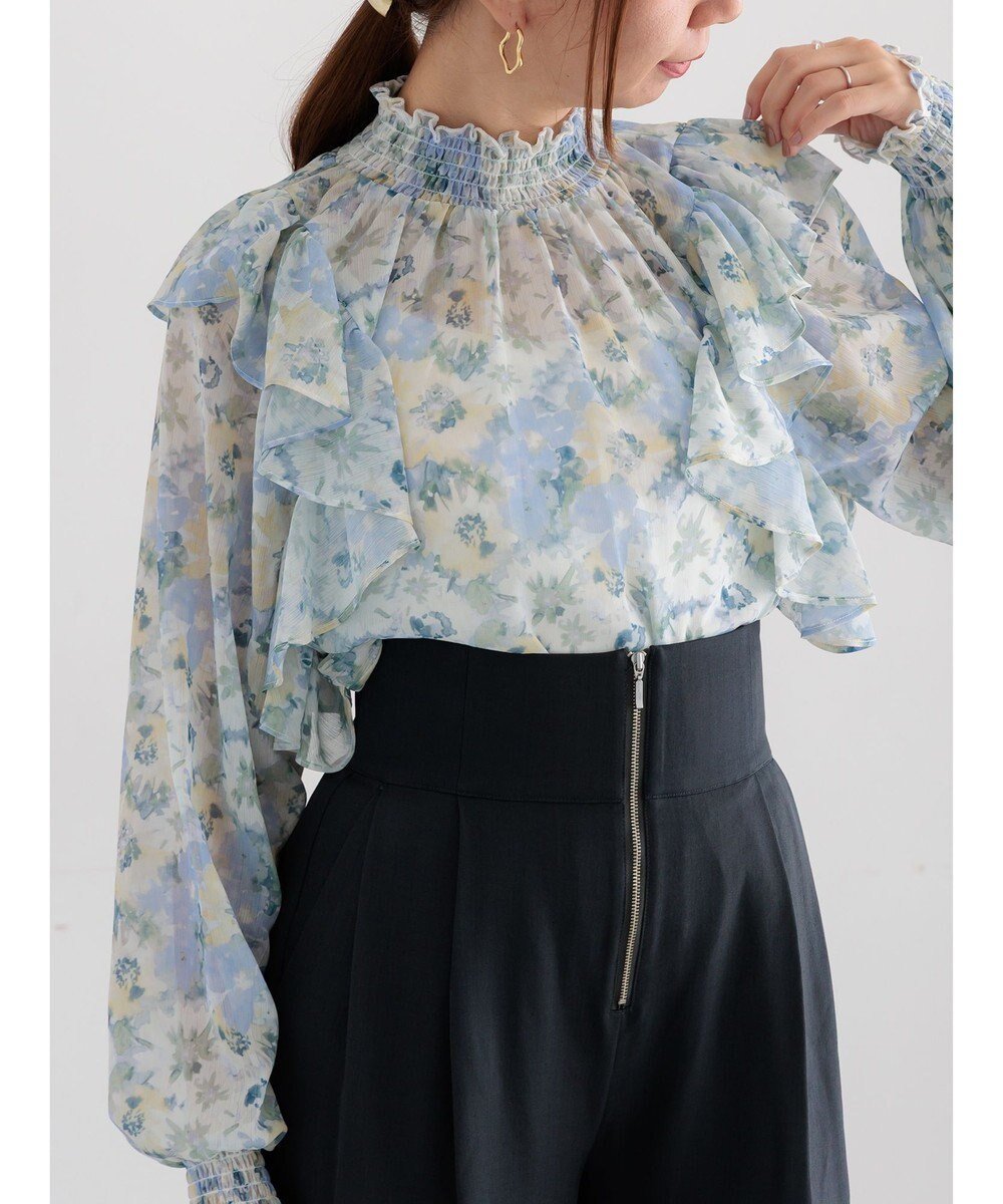 【テチチ/Te chichi】のフラワーパターンシアーフリルブラウス インテリア・キッズ・メンズ・レディースファッション・服の通販 founy(ファニー) ファッション Fashion レディースファッション Fashion for Women トップス・カットソー Cut & Sew Tops シャツ・ブラウス・オフィスカジュアル Elegant Blouses & Button-Ups おすすめ Recommended / Our Picks シャーリング Shirring, Ruched デニム Denim, Jeans Material フリル Frill, Ruffle ラッフル Ruffle, Frill 夏 Summer S/S・春夏 SS, Spring/Summer, Warm Season A/W・秋冬 Autumn/Winter ブルー|ID: prp329100004714227 ipo3291000000034058323