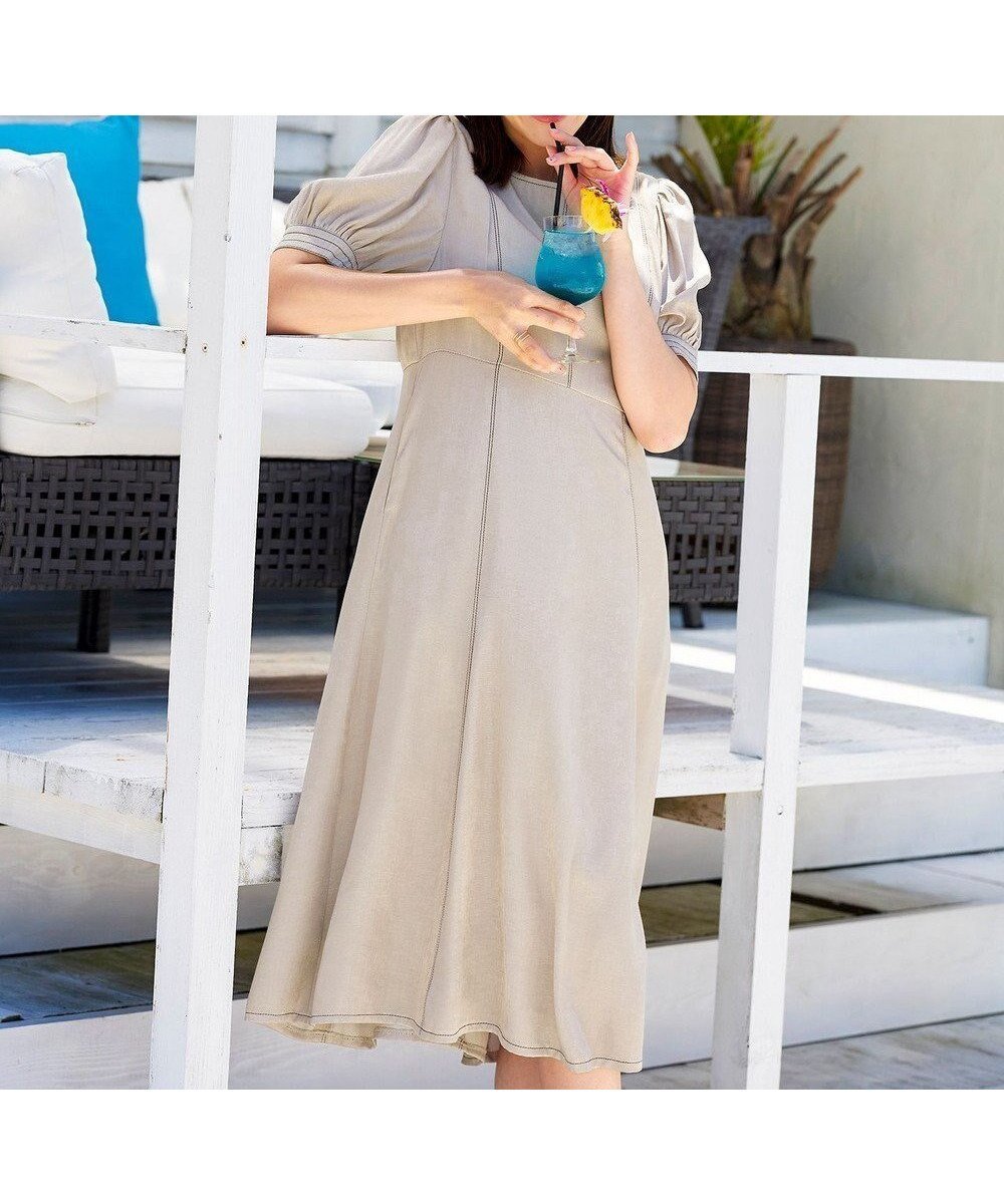 【ティアクラッセ/Tiaclasse】の【洗える】パフスリーブ配色ステッチワンピース インテリア・キッズ・メンズ・レディースファッション・服の通販 founy(ファニー) ファッション Fashion レディースファッション Fashion for Women ワンピース Dresses スクエア Square, Square Shape スリーブ Sleeve, Long Sleeve / Short Sleeve フェミニン Feminine, Girly フレア Flare, Flared ポケット Pocket, Pocket Detail エレガント 上品 Elegant 夏 Summer 春 Spring S/S・春夏 SS, Spring/Summer, Warm Season 洗える Machine Washable ベージュ|ID: prp329100004714379 ipo3291000000034758046