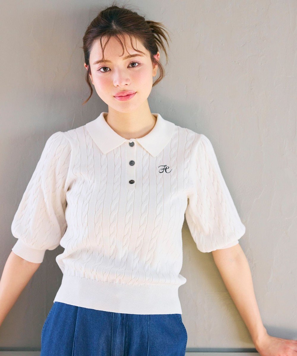【フェルゥ/Feroux】の胸元刺繍ケーブルポロ ニット インテリア・キッズ・メンズ・レディースファッション・服の通販 founy(ファニー) ファッション Fashion レディースファッション Fashion for Women トップス・カットソー Cut & Sew Tops ニット Knit Tops & Sweaters 春 Spring コンパクト Compact, Small Size セーター Sweater, Knitwear バルーン Balloon, Balloon Silhouette ベーシック Basic, Essential ボトム Bottoms, Lower Wear 半袖 Short Sleeve, Half Sleeve S/S・春夏 SS, Spring/Summer, Warm Season おすすめ Recommended / Our Picks 夏 Summer ホワイト系|ID: prp329100004714381 ipo3291000000034296141