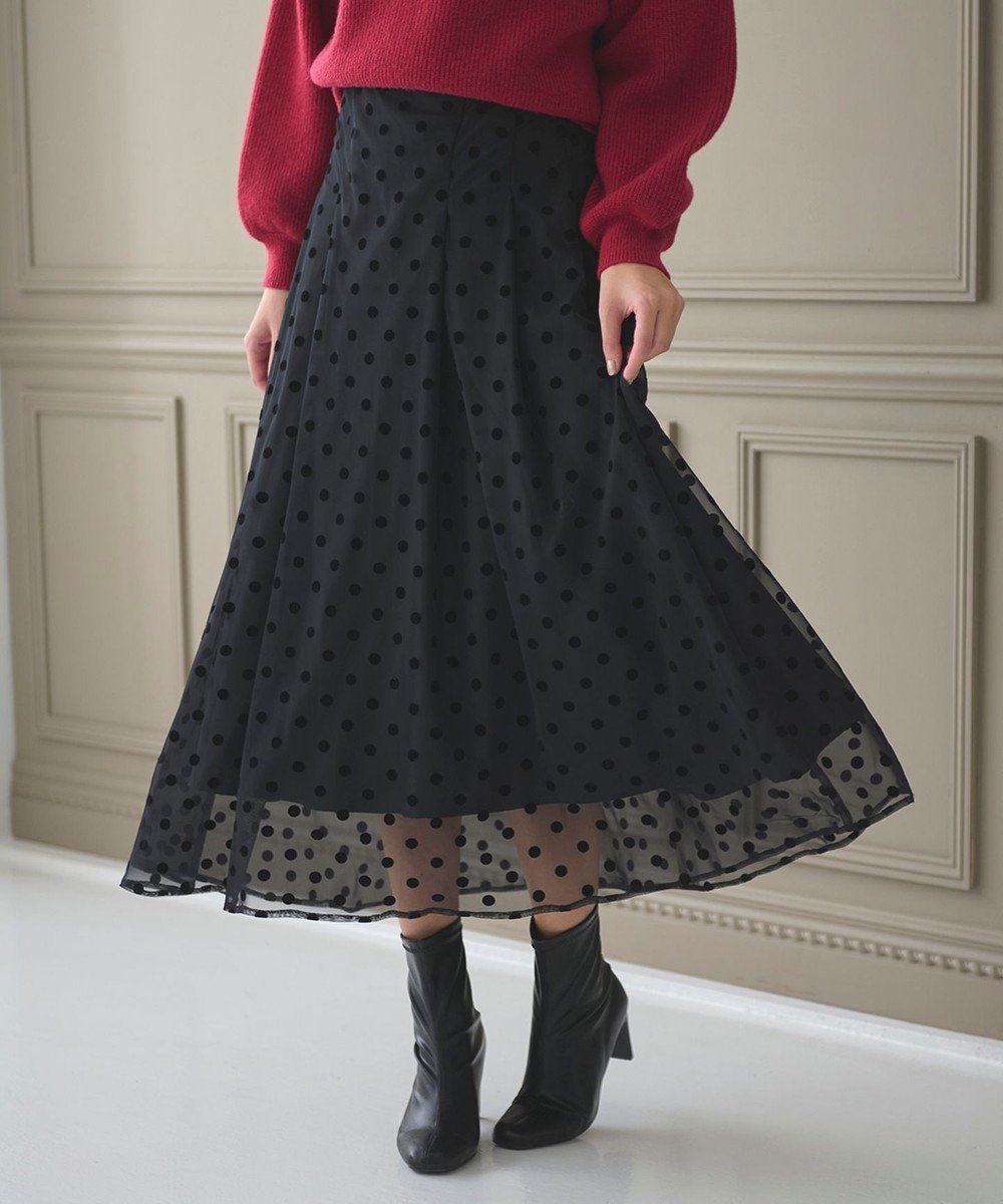【フェルゥ/Feroux】のフロッキーチェック・ドット スカート インテリア・キッズ・メンズ・レディースファッション・服の通販 founy(ファニー) 　ファッション　Fashion　レディースファッション　Fashion for Women　スカート　Skirts　コンパクト　Compact, Small Size　シアー　Sheer, See-Through　タイツ　Tights, Legwear　チュール　Tulip, Tulip Motif　トレンド　Trend, Trending Now　パイピング　Piping, Trim Design　フェミニン　Feminine, Girly　フレア　Flare, Flared　A/W・秋冬　Autumn/Winter　ブラック系9|ID: prp329100004715662 ipo3291000000034757870