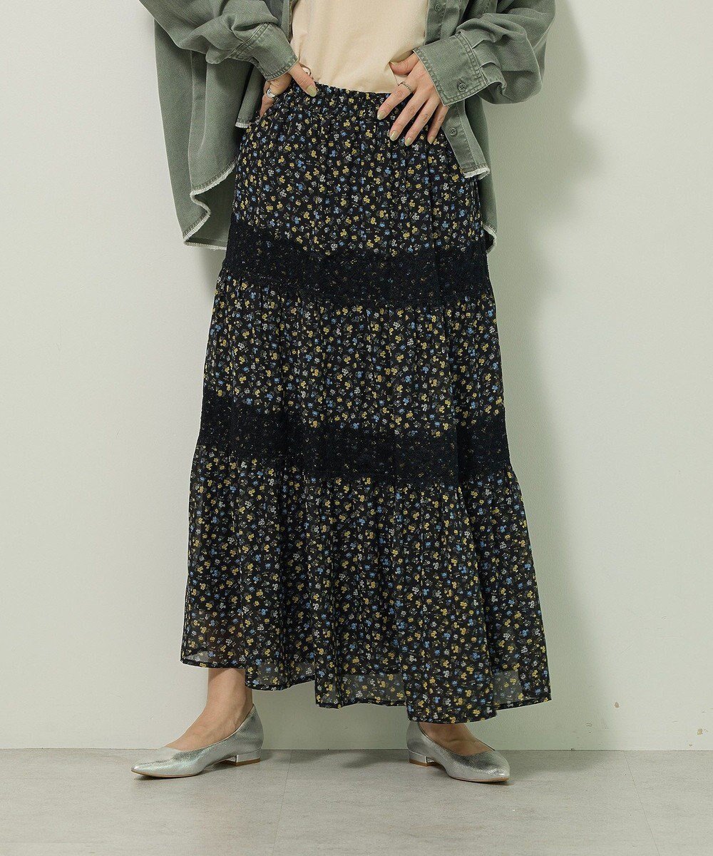 【グリーンパークス/Green Parks】のレースドッキング花柄ティアードスカート インテリア・キッズ・メンズ・レディースファッション・服の通販 founy(ファニー) 　ファッション　Fashion　レディースファッション　Fashion for Women　スカート　Skirts　ティアードスカート　Tiered Skirts　新作・新入荷　New Arrivals / New In　おすすめ　Recommended / Our Picks　シアー　Sheer, See-Through　シンプル　Simple, Minimal　ティアードスカート　Tiered Skirt, Flounced Skirt　ドッキング　Docking, Mixed Material　ビンテージ　Vintage, Retro Style　プリント　Print, Printed Pattern　ポケット　Pocket, Pocket Detail　レース　Lace, Lace Fabric　ロング　Long, Long-Length　A/W・秋冬　Autumn/Winter　Yellow|ID: prp329100004715680 ipo3291000000034070161