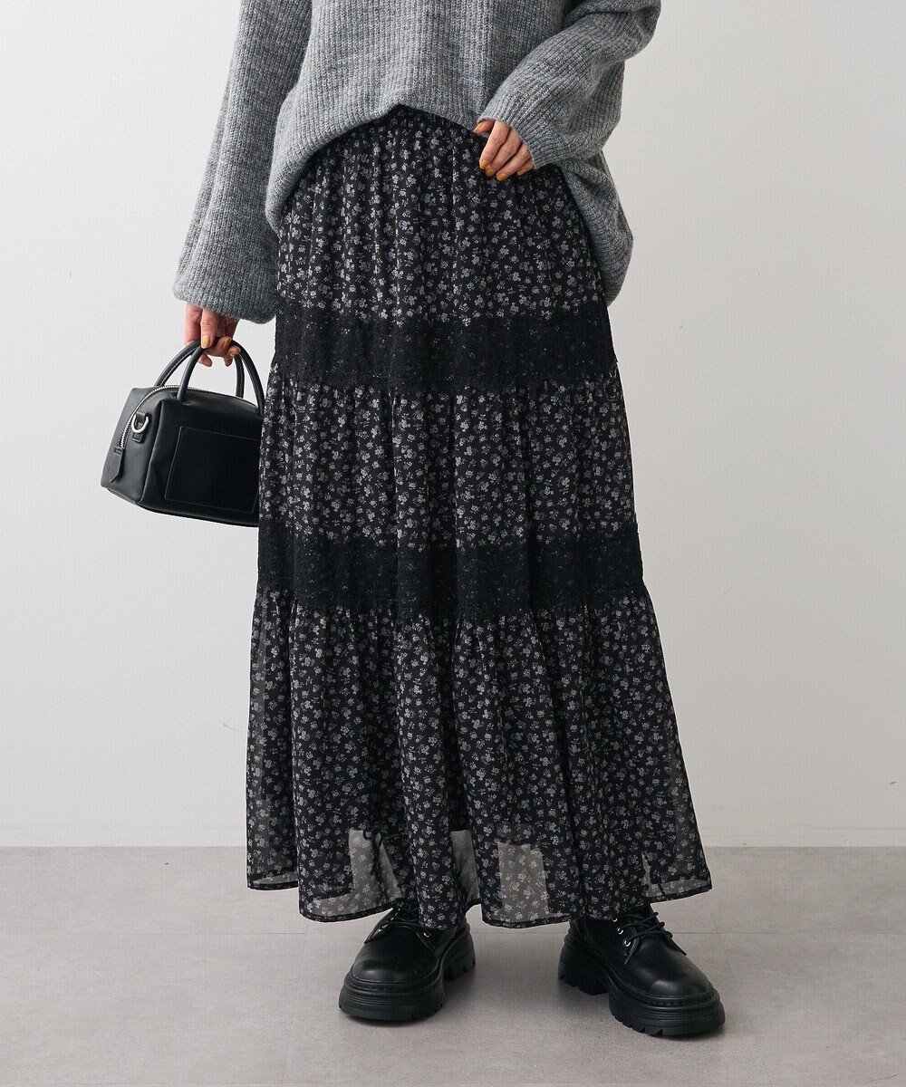 【グリーンパークス/Green Parks】のレースドッキング花柄ティアードスカート 人気、トレンドファッション・服の通販 founy(ファニー) 　ファッション　Fashion　レディースファッション　Fashion for Women　スカート　Skirts　ティアードスカート　Tiered Skirts　おすすめ　Recommended / Our Picks　シアー　Sheer, See-Through　シンプル　Simple, Minimal　ティアードスカート　Tiered Skirt, Flounced Skirt　ドッキング　Docking, Mixed Material　ビンテージ　Vintage, Retro Style　プリント　Print, Printed Pattern　ポケット　Pocket, Pocket Detail　レース　Lace, Lace Fabric　ロング　Long, Long-Length　A/W・秋冬　Autumn/Winter　 other-1|ID: prp329100004715680 ipo3291000000034327130