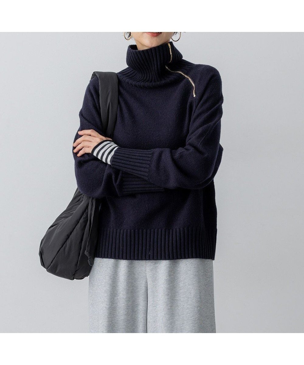 【23区/NIJYUSANKU】のボイルドウールコンビ ジップ タートルニット インテリア・キッズ・メンズ・レディースファッション・服の通販 founy(ファニー) 　ファッション　Fashion　レディースファッション　Fashion for Women　トップス・カットソー　Cut & Sew Tops　ニット　Knit Tops & Sweaters　インナー　Innerwear　シンプル　Simple, Minimal　ジップ　Zip, Zipper　セーター　Sweater, Knitwear　タートル　Turtleneck, Turtle Collar　チュニック　Tunic, Long Top　デニム　Denim, Jeans Material　定番　Standard, Basic Item　なめらか　Smooth, Silky Texture　フェルト　Felt, Felt Fabric　ワイド　Wide, Wide Fit　A/W・秋冬　Autumn/Winter　冬　Winter / This Winter　エレガント 上品　Elegant　2025年　2025　2025-2026秋冬・A/W　Autumn/Winter 2025–26 AW25–26　ネイビー系|ID: prp329100004716916 ipo3291000000034270668
