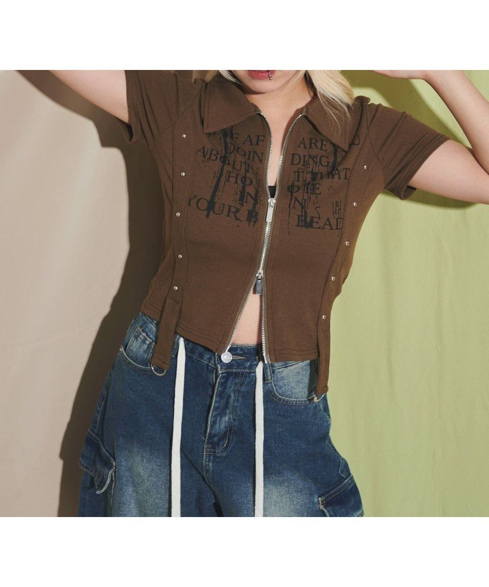 【ウィゴー/WEGO】のWジップスタッズクロップドSSトップス 人気、トレンドファッション・服の通販 founy(ファニー) 　ファッション　Fashion　レディースファッション　Fashion for Women　トップス・カットソー　Cut & Sew Tops　シャツ・ブラウス・オフィスカジュアル　Elegant Blouses & Button-Ups　ロングTシャツ・Tシャツ　Longline T-Shirts & Tees　カットソー・ベーシックTシャツ　Cut-and-Sewn Tops / Stretch Tees & Basics　おすすめ　Recommended / Our Picks　インナー　Innerwear　カットソー　Cut and Sewn Top　キャミ　Camisole, Cami Top　タンク　Tank Top, Sleeveless Top　トレンド　Trend, Trending Now　半袖　Short Sleeve, Half Sleeve　夏　Summer　春　Spring　S/S・春夏　SS, Spring/Summer, Warm Season　 other-1|ID: prp329100004719738 ipo3291000000034105007