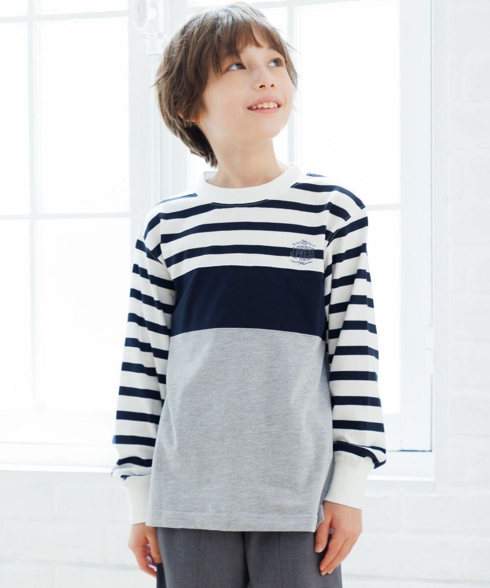 【ジェイ プレス/J.PRESS / KIDS】の【100-130cm】ボーダーミックス カットソー インテリア・キッズ・メンズ・レディースファッション・服の通販 founy(ファニー) 　ファッション　Fashion　キッズファッション　Fashion for Kids　トップス・カットソー　Cut & Sew Tops　カットソー　Cut and Sewn Top　切替　Switching, Contrast Panel　スマホ　Smartphone, Mobile Device　デニム　Denim, Jeans Material　トレンド　Trend, Trending Now　定番　Standard, Basic Item　人気　Popular, Best Seller　長袖　Long Sleeve, Full Sleeve　パーカー　Hoodie, Parka　ブロッキング　Color Blocking, Panel Design　ベーシック　Basic, Essential　ボーダー　Border, Stripe　半袖　Short Sleeve, Half Sleeve　ミックス　Mix, Mixed Style　ワンポイント　One Point, Statement Accent　A/W・秋冬　Autumn/Winter　冬　Winter / This Winter　2025年　2025　2025-2026秋冬・A/W　Autumn/Winter 2025–26 AW25–26　ネイビー系1|ID: prp329100004720784 ipo3291000000034114419