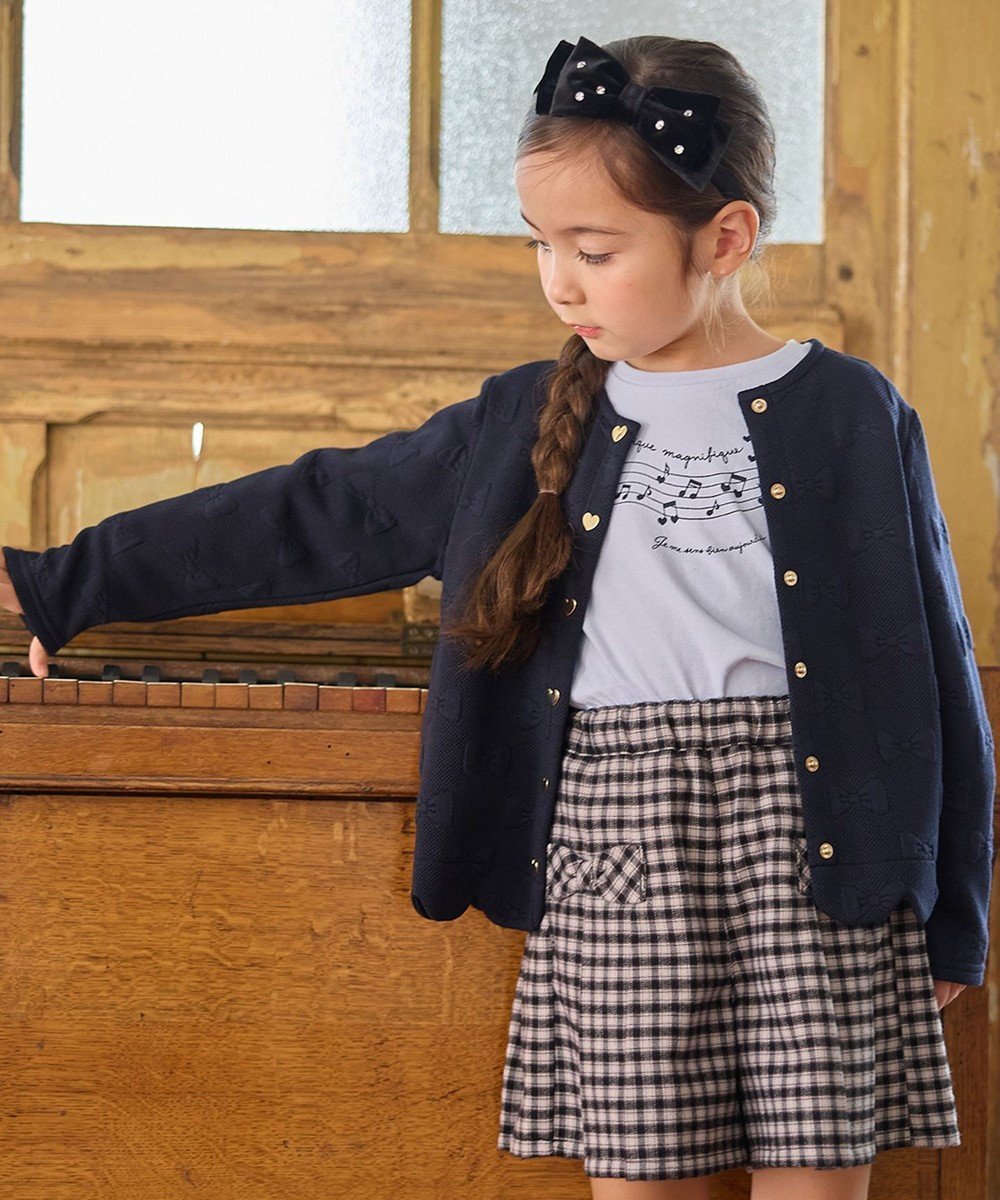 【エニィ/ANY / KIDS】のリボン ジャガード カーディガン インテリア・キッズ・メンズ・レディースファッション・服の通販 founy(ファニー) 　ファッション　Fashion　キッズファッション　Fashion for Kids　トップス・カットソー　Cut & Sew Tops　カーディガン　Cardigan, Knitwear　スカラップ　Scallop, Scalloped Edge　ポケット　Pocket, Pocket Detail　リボン　Ribbon, Bow　レース　Lace, Lace Fabric　エレガント 上品　Elegant　A/W・秋冬　Autumn/Winter　ネイビー|ID: prp329100004722695 ipo3291000000035605441
