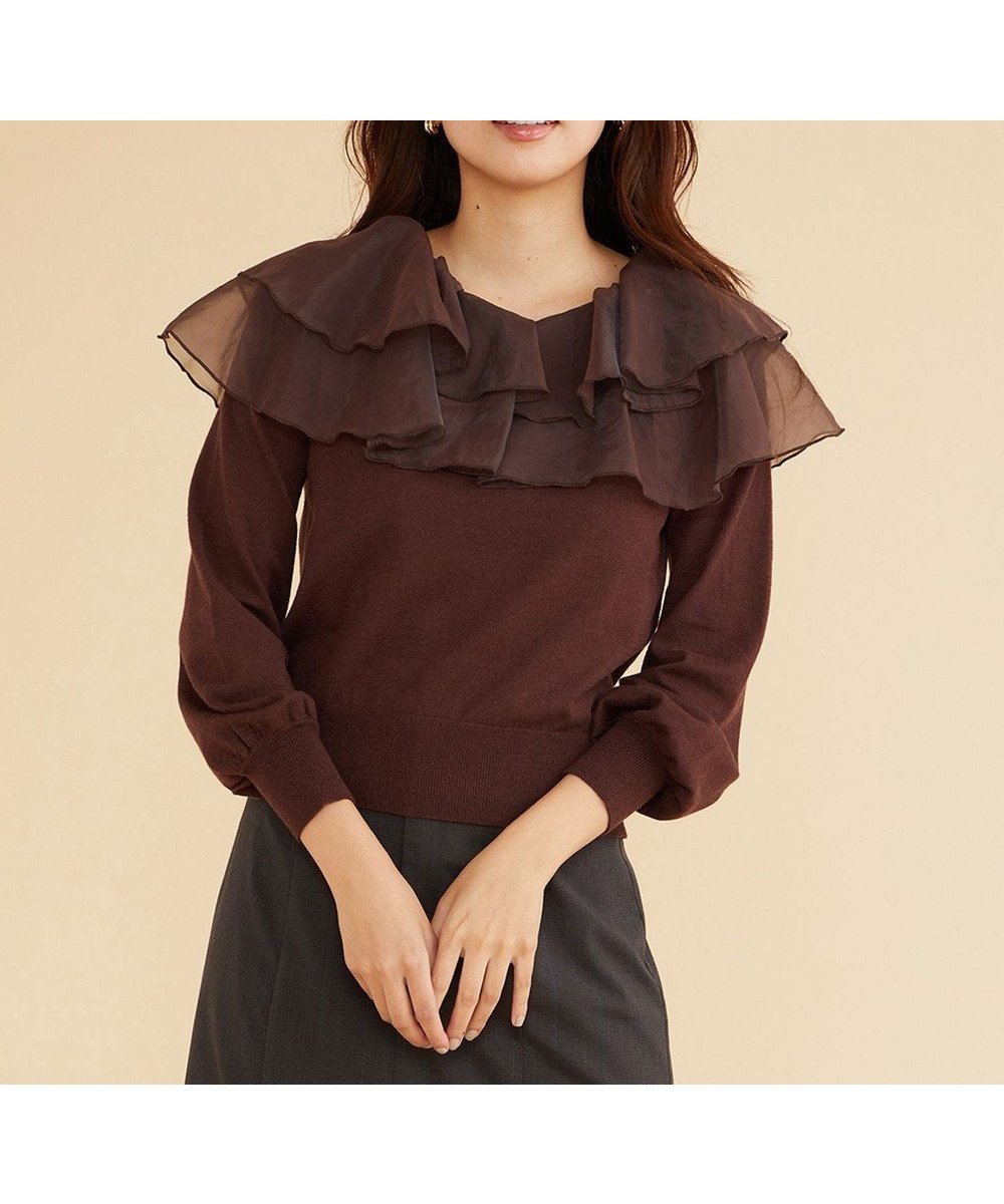 【フェルゥ/Feroux】の【洗える】ラッフルコンビ ニット インテリア・キッズ・メンズ・レディースファッション・服の通販 founy(ファニー) ファッション Fashion レディースファッション Fashion for Women トップス・カットソー Cut & Sew Tops ニット Knit Tops & Sweaters おすすめ Recommended / Our Picks コンビ Combo, Combination Style セーター Sweater, Knitwear デコルテ Décolleté, Neckline フェミニン Feminine, Girly マーメイド Mermaid, Fishtail Silhouette ラッフル Ruffle, Frill 洗える Machine Washable A/W・秋冬 Autumn/Winter ダークブラウン系|ID: prp329100004724970 ipo3291000000034311593