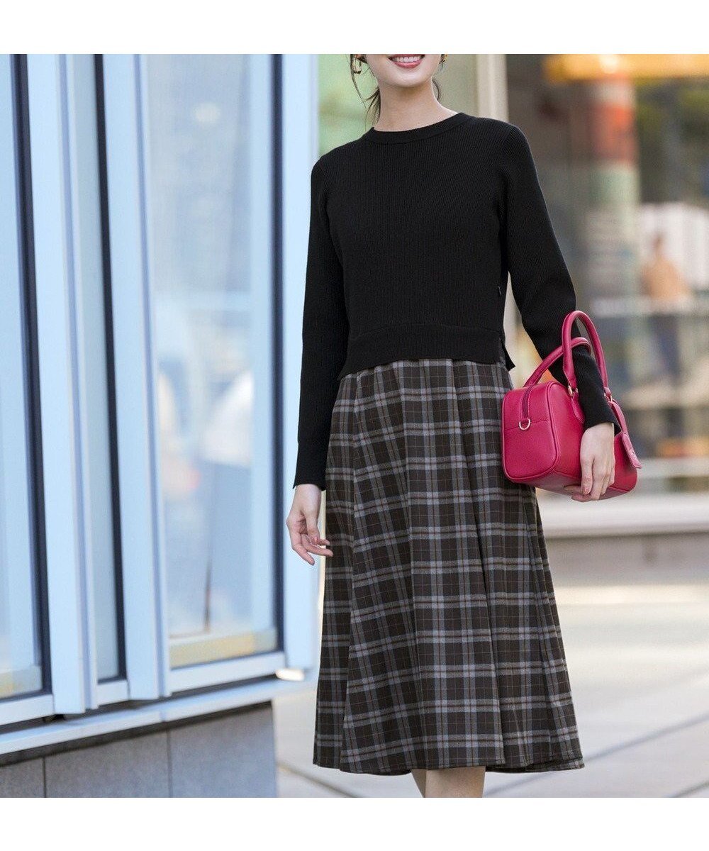 【エニィ スィス/any SiS】の【洗える】ドッキングニット ワンピース 人気、トレンドファッション・服の通販 founy(ファニー) 　ファッション　Fashion　レディースファッション　Fashion for Women　ワンピース　Dresses　ニットワンピース　Knit Dresses　新作・新入荷　New Arrivals / New In　ウォッシャブル　Machine Washable　スリット　Slit, Slit Detail　チェック　Check, Plaid, Tartan　ドッキング　Docking, Mixed Material　フレア　Flare, Flared　エレガント 上品　Elegant　洗える　Machine Washable　A/W・秋冬　Autumn/Winter　 other-1|ID: prp329100004725013 ipo3291000000034180309