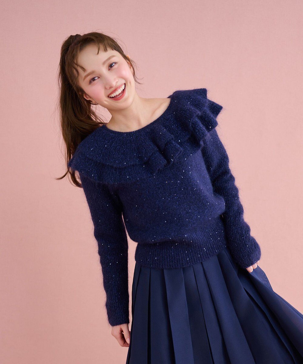 【トッカ/TOCCA】のROMANTIC FLUTTER ニットプルオーバー インテリア・キッズ・メンズ・レディースファッション・服の通販 founy(ファニー) 　ファッション　Fashion　レディースファッション　Fashion for Women　トップス・カットソー　Cut & Sew Tops　ニット　Knit Tops & Sweaters　カジュアルプルオーバー・ニットトップス　Pullovers & Knit Tops / Casual Pullovers　新作・新入荷　New Arrivals / New In　2025年　2025　2025-2026秋冬・A/W　Autumn/Winter 2025–26 AW25–26　冬　Winter / This Winter　スパンコール　Sequins, Sequin Embellishment　セーター　Sweater, Knitwear　フェミニン　Feminine, Girly　フリル　Frill, Ruffle　ロマンティック　Romantic, Feminine Style　A/W・秋冬　Autumn/Winter　ネイビー系|ID: prp329100004729916 ipo3291000000034168933