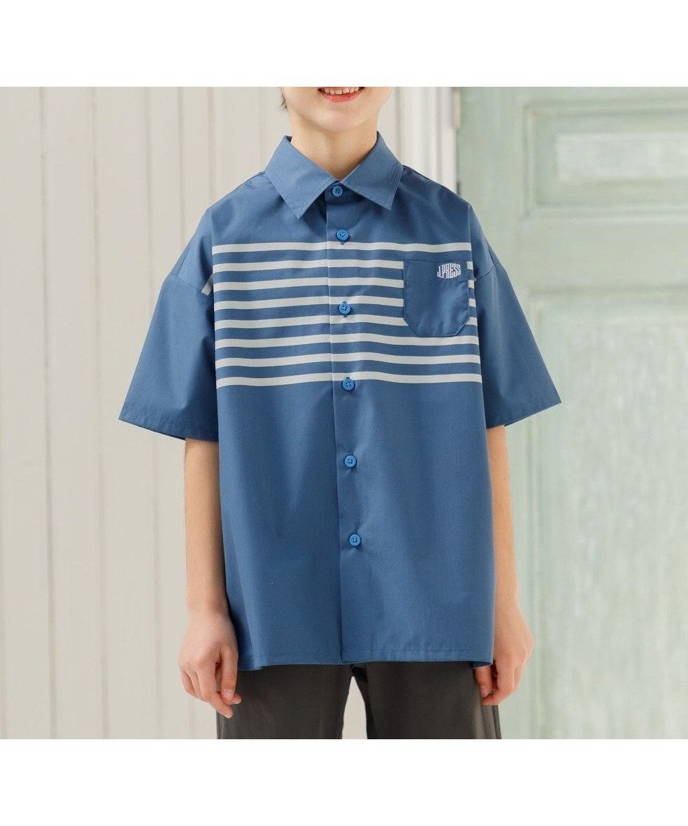 【ジェイ プレス/J.PRESS / KIDS】の【110-130cm】TCブロード パネルボーダープリント シャツ インテリア・キッズ・メンズ・レディースファッション・服の通販 founy(ファニー) 　ファッション　Fashion　キッズファッション　Fashion for Kids　トップス・カットソー　Cut & Sew Tops　春　Spring　スマホ　Smartphone, Mobile Device　トレンド　Trend, Trending Now　定番　Standard, Basic Item　人気　Popular, Best Seller　ブロード　Broadcloth, Fine Cotton　プリント　Print, Printed Pattern　ボーダー　Border, Stripe　ポケット　Pocket, Pocket Detail　半袖　Short Sleeve, Half Sleeve　羽織　Haori, Light Jacket　リラックス　Relax, Relaxed Fit　レギュラー　Regular, Standard Fit　ワンポイント　One Point, Statement Accent　S/S・春夏　SS, Spring/Summer, Warm Season　夏　Summer　エレガント 上品　Elegant　2025年　2025　2025春夏・S/S　Spring/Summer 2025 SS25　ダルブルー系|ID: prp329100004731673 ipo3291000000034176938