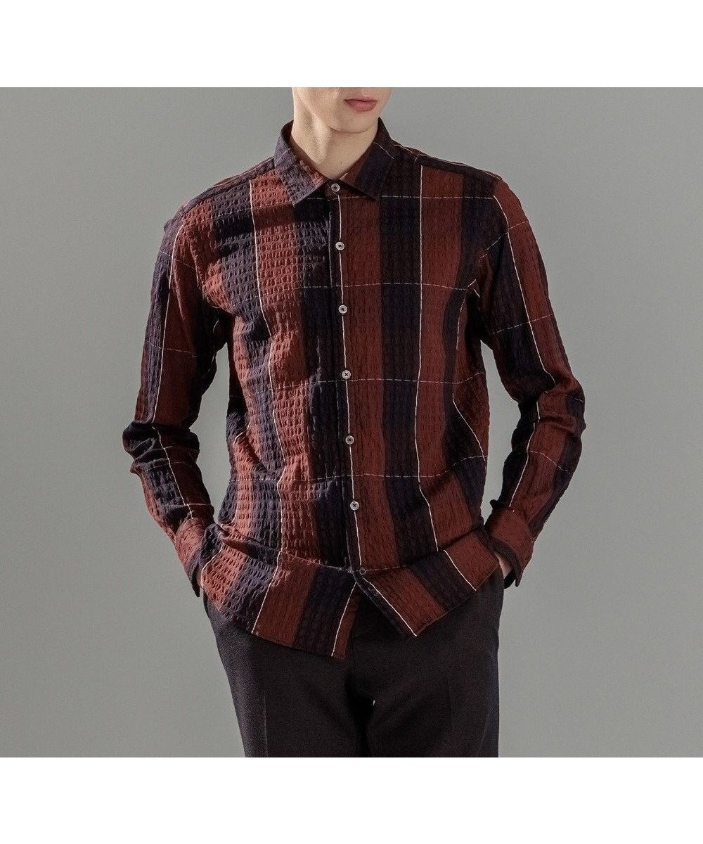 【ジョゼフ オム/JOSEPH HOMME / MEN】のオーバーチェックジャガードストレッチ レギュラーカラーシャツ インテリア・キッズ・メンズ・レディースファッション・服の通販 founy(ファニー) 　ファッション　Fashion　メンズファッション　Fashion for Men　トップス・カットソー　Cut & Sew Tops　メンズシャツ　Shirts　インナー　Innerwear　サッカー　Seersucker, Summer Fabric　サテン　Satin, Glossy Fabric　シェイプ　Shape, Slim Fit　シンプル　Simple, Minimal　ストレッチ　Stretch, Stretchy Fabric　チェック　Check, Plaid, Tartan　ハウンドトゥース　Houndstooth, Dogtooth Check　ポケット　Pocket, Pocket Detail　定番　Standard, Basic Item　A/W・秋冬　Autumn/Winter　羽織　Haori, Light Jacket　長袖　Long Sleeve, Full Sleeve　ワイン系3|ID: prp329100004733002 ipo3291000000034187884