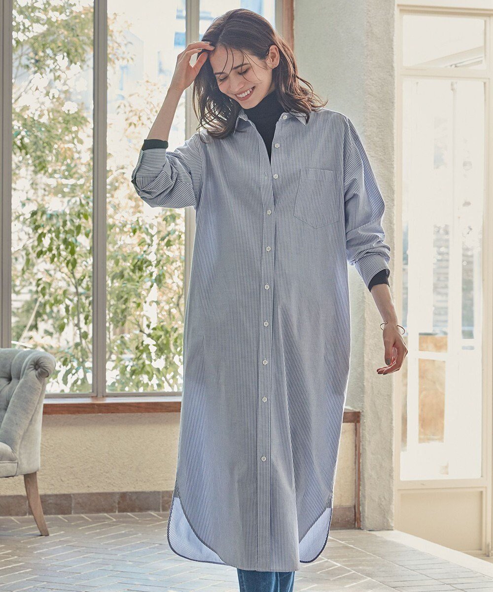 【23区/NIJYUSANKU】の【SLOW/一部店舗限定】コットンオックス シャツワンピース インテリア・キッズ・メンズ・レディースファッション・服の通販 founy(ファニー) 　ファッション　Fashion　レディースファッション　Fashion for Women　ワンピース　Dresses　シャツワンピース / 1枚で着映えコーデ　Shirt Dresses　カットソー　Cut and Sewn Top　グラス　Glass, Eyewear　シアー　Sheer, See-Through　シンプル　Simple, Minimal　タートルネック　Turtleneck, High Neck　レギュラー　Regular, Standard Fit　A/W・秋冬　Autumn/Winter　おすすめ　Recommended / Our Picks　2023年　2023　2023-2024秋冬・A/W　Autumn/Winter 2023–24 AW23–24　サックスブルーストライプ|ID: prp329100004733355 ipo3291000000034192328