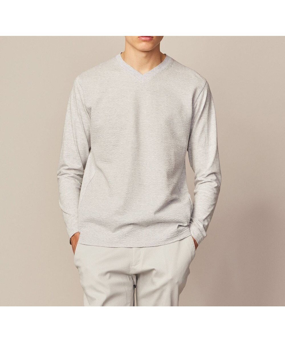 【ジョセフ アブード/JOSEPH ABBOUD / MEN】の【オリジナルオーガニックコットン使用】JOE COTTONサッカーVネックシャツ インテリア・キッズ・メンズ・レディースファッション・服の通販 founy(ファニー) 　ファッション　Fashion　メンズファッション　Fashion for Men　トップス・カットソー　Cut & Sew Tops　メンズシャツ　Shirts　春　Spring　カットソー　Cut and Sewn Top　コンビ　Combo, Combination Style　今季　This Season, Current Season　サッカー　Seersucker, Summer Fabric　ジャケット　Jacket, Outerwear　S/S・春夏　SS, Spring/Summer, Warm Season　夏　Summer　エレガント 上品　Elegant　ライトグレー系7|ID: prp329100004735942 ipo3291000000034210098