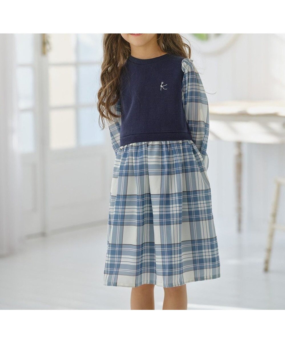 【組曲 / KIDS/KUMIKYOKU】の【110-140㎝】ダブルフェイスドッキング ワンピース インテリア・キッズ・メンズ・レディースファッション・服の通販 founy(ファニー) 　ファッション　Fashion　キッズファッション　Fashion for Kids　ワンピース　Dresses　シアー　Sheer, See-Through　シフォン　Chiffon, Lightweight Fabric　ダブル　Double, Double-Breasted　チェック　Check, Plaid, Tartan　ドッキング　Docking, Mixed Material　フェイス　Face, Facial Design　プリント　Print, Printed Pattern　夏　Summer　春　Spring　S/S・春夏　SS, Spring/Summer, Warm Season　マローブルー系|ID: prp329100004737555 ipo3291000000034220565
