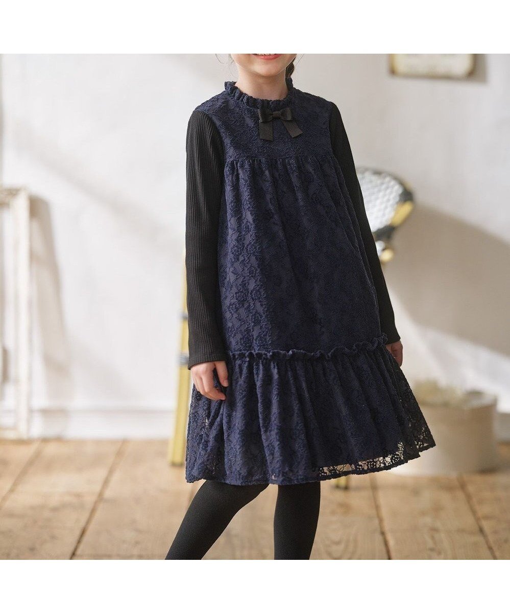 【組曲 / KIDS/KUMIKYOKU】の【110-140㎝】スノウレース ワンピース インテリア・キッズ・メンズ・レディースファッション・服の通販 founy(ファニー) 　ファッション　Fashion　キッズファッション　Fashion for Kids　ワンピース　Dresses　インナー　Innerwear　カットソー　Cut and Sewn Top　ハイネック　High Neck, Mock Neck　フリル　Frill, Ruffle　リボン　Ribbon, Bow　レース　Lace, Lace Fabric　ワンポイント　One Point, Statement Accent　エレガント 上品　Elegant　A/W・秋冬　Autumn/Winter　ネイビー|ID: prp329100004740082 ipo3291000000034241918